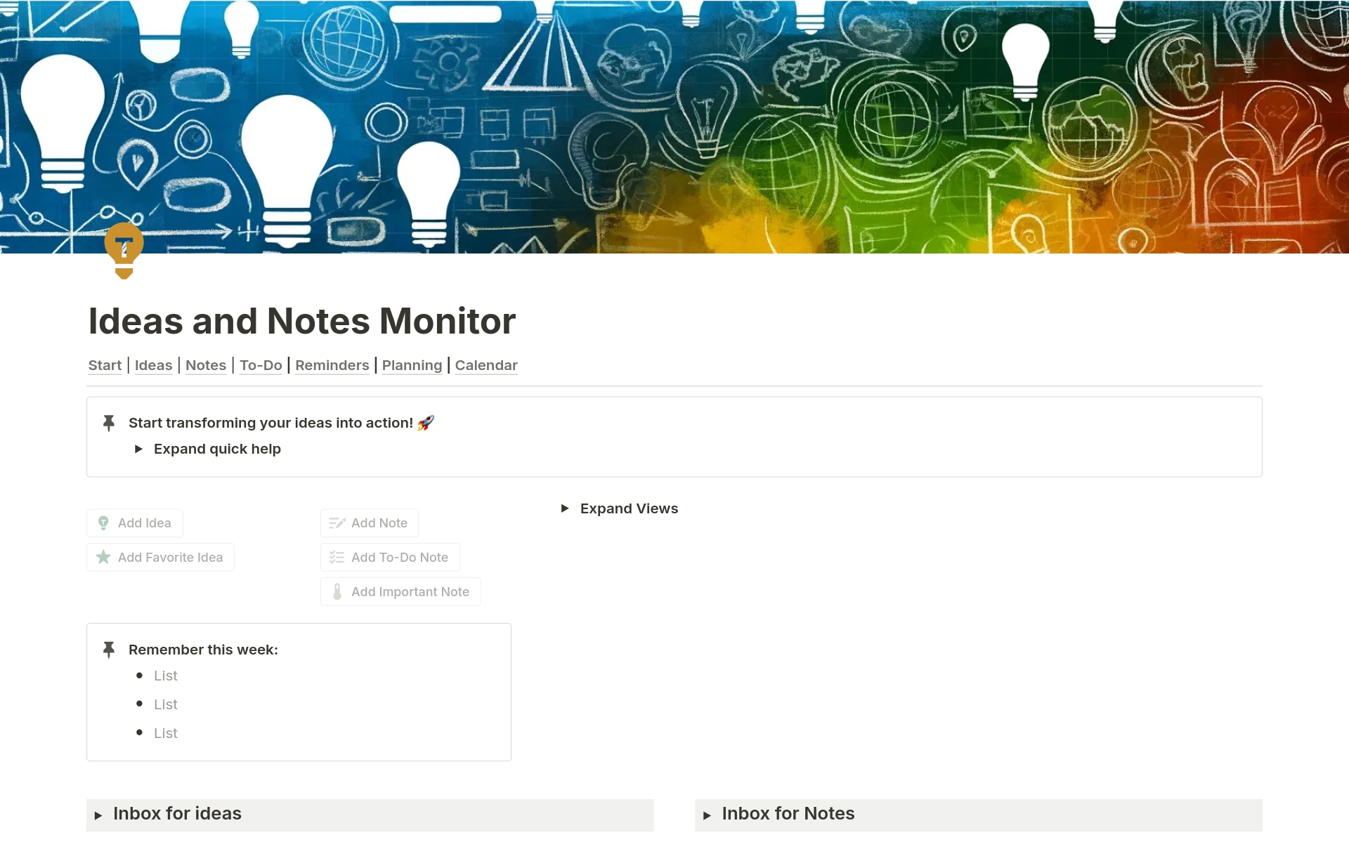 A template preview for Ideas and Notes Monitor