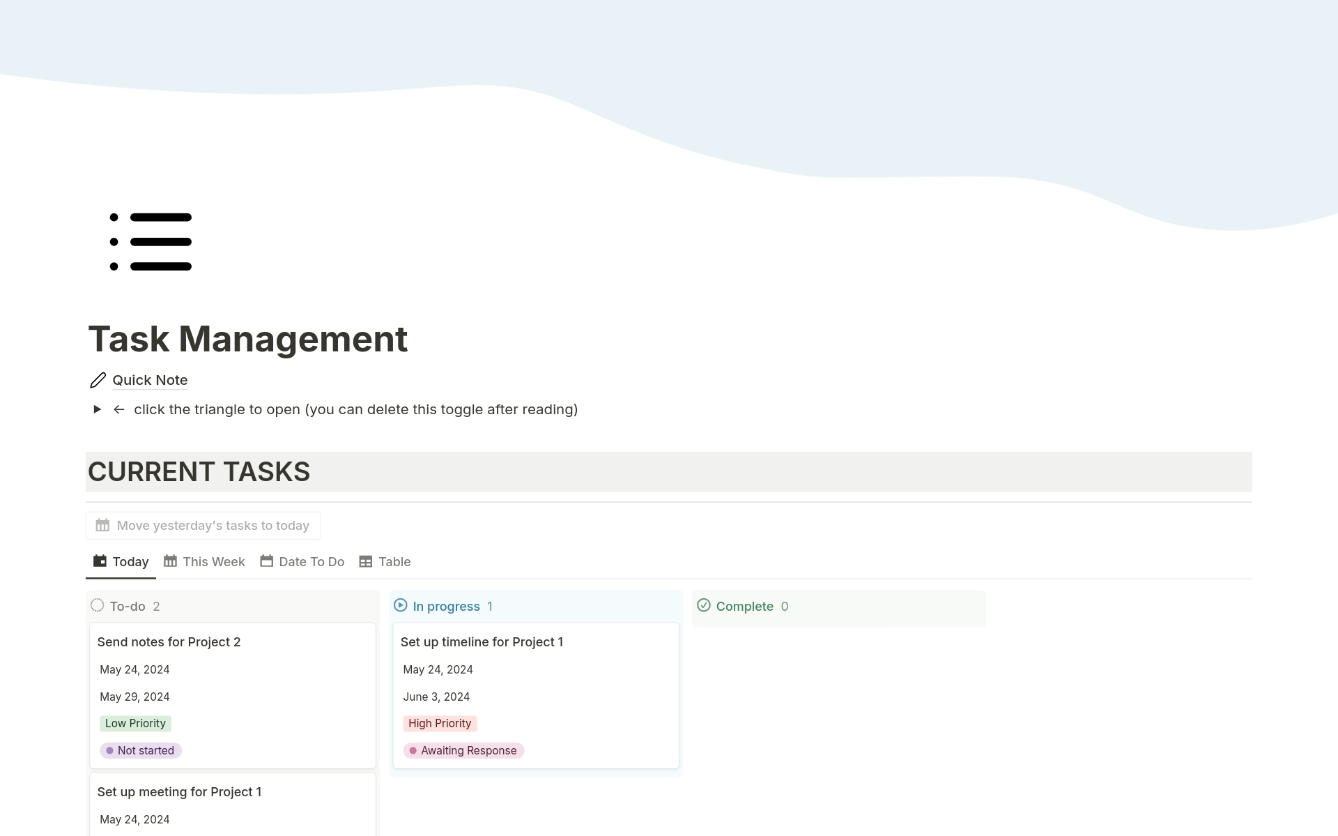 En forhåndsvisning av mal for Task Management Dashboard
