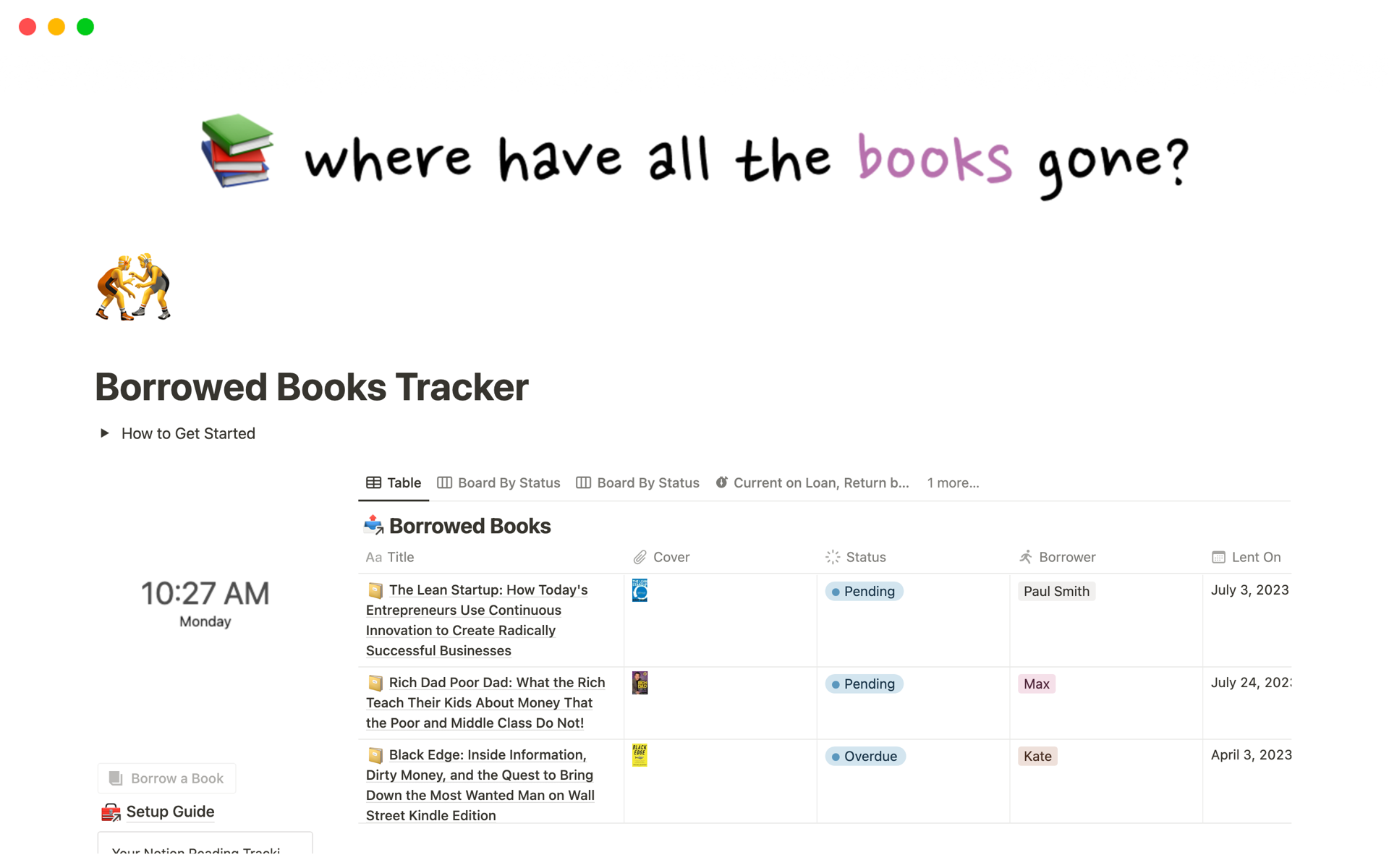 En förhandsgranskning av mallen för Borrowed Books Tracker