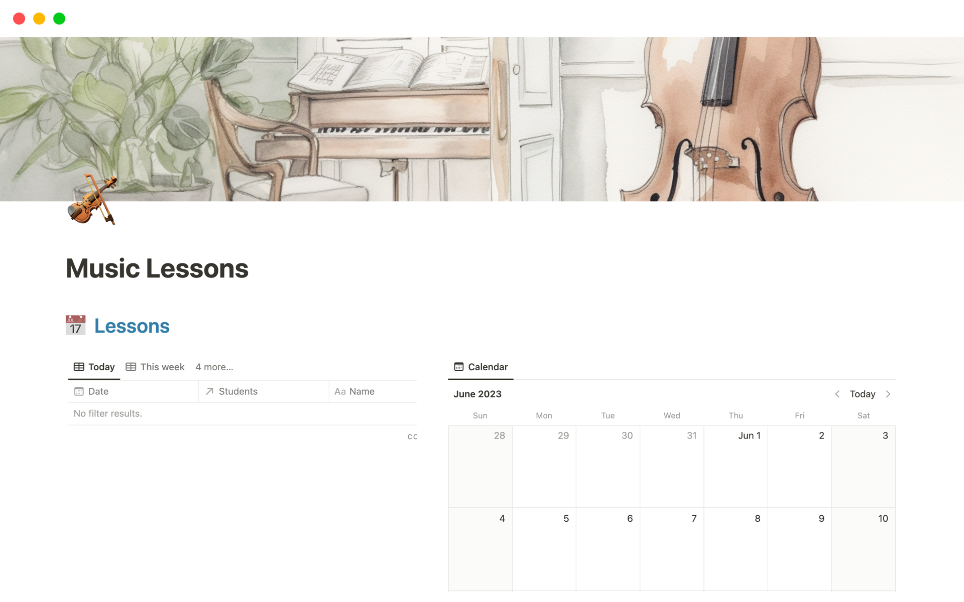 Track your music students, upcoming lessons, and invoices.