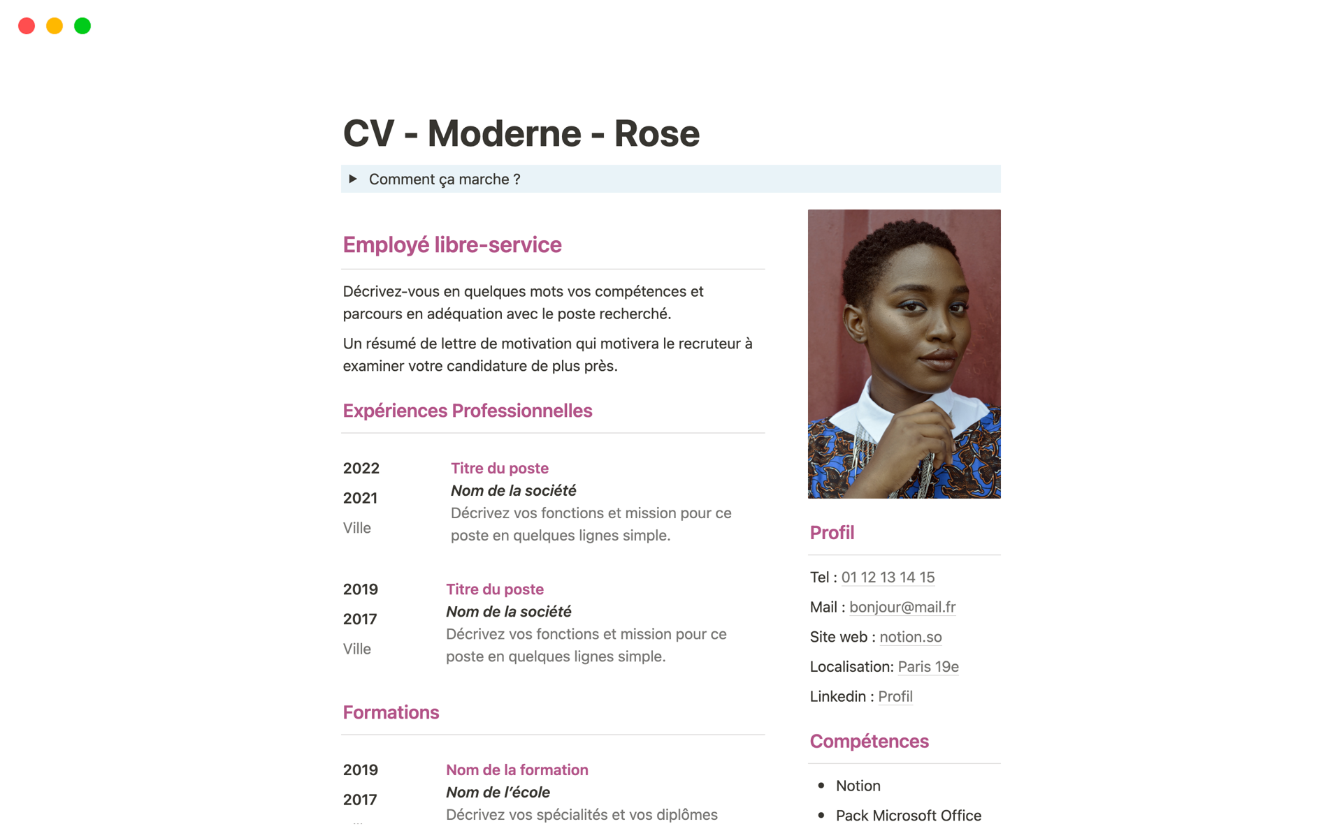 A template preview for CV - Moderne - Rose