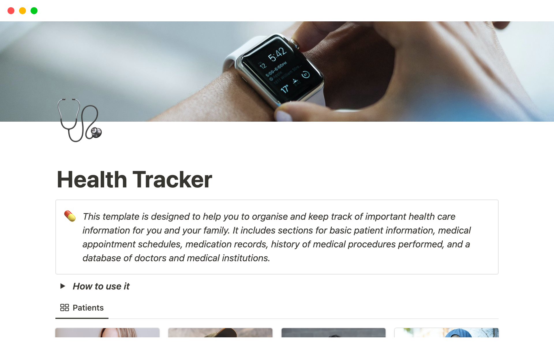 Eine Vorlagenvorschau für Health Tracker
