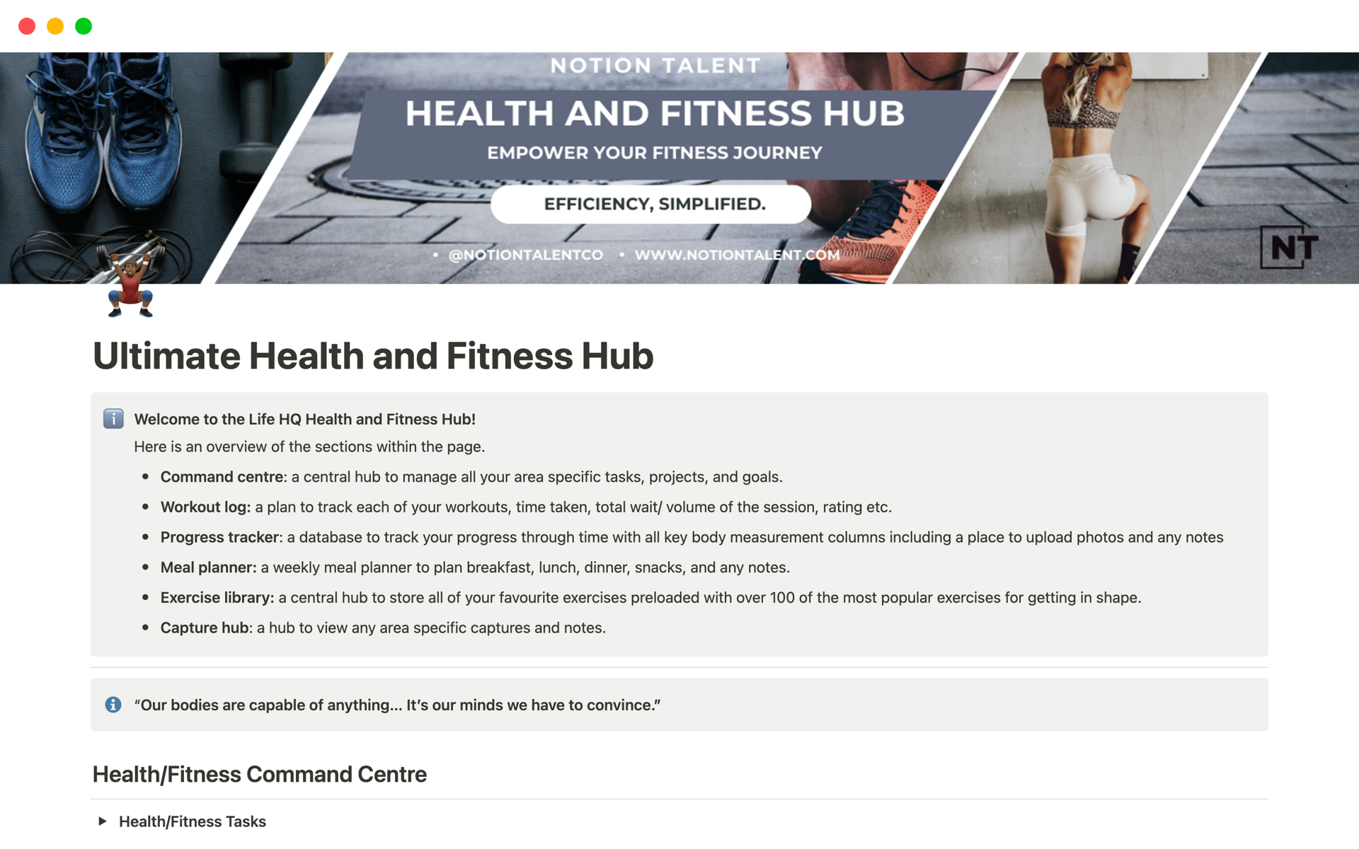 Elevate your health and fitness journey with the Ultimate Health and Fitness Hub, a comprehensive Notion template for tracking workouts, meals, and progress. Achieve your wellness goals with an organized, easy-to-use digital health companion.