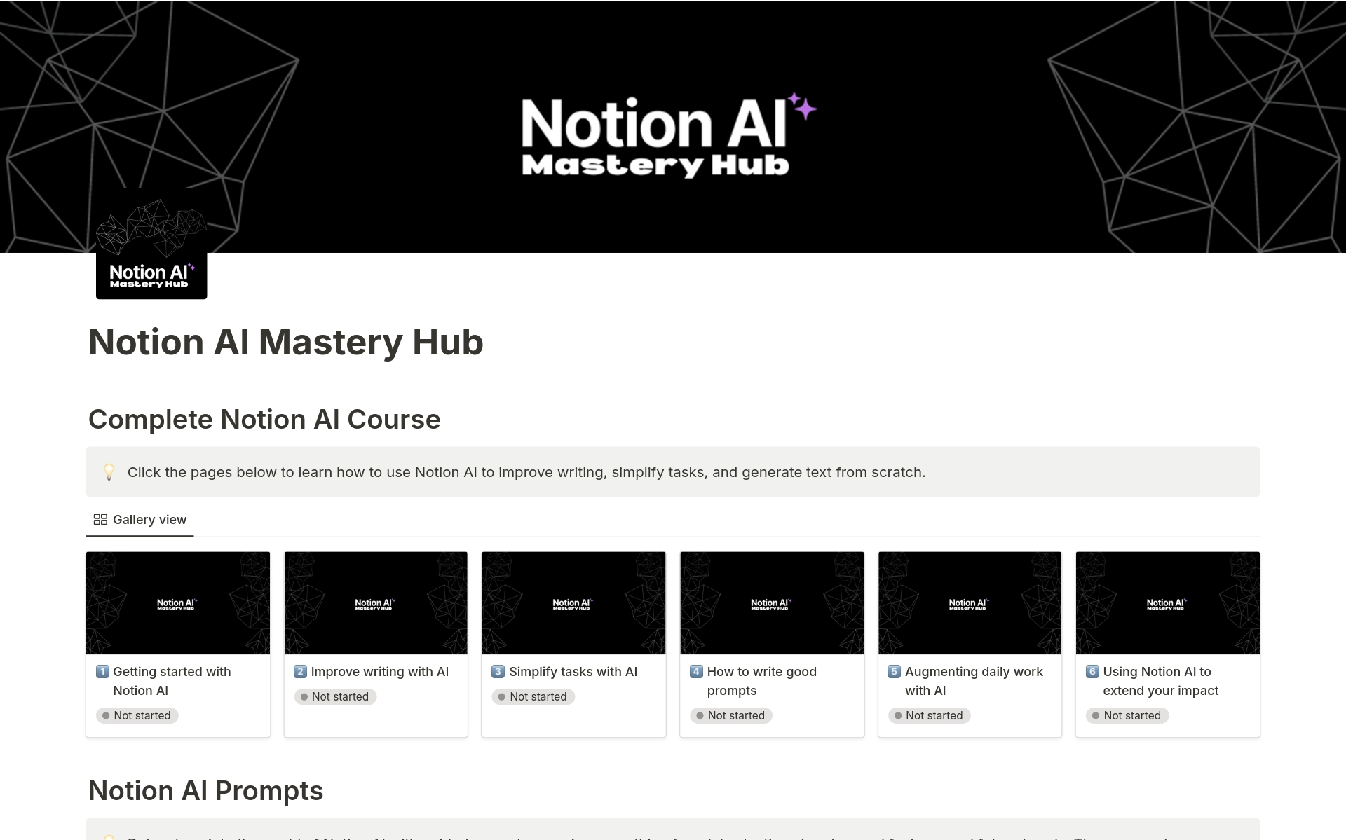 A template preview for Notion AI Mastery Hub