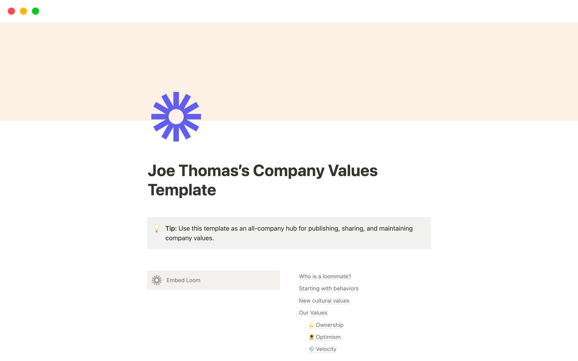 A template preview for Company Values Hub