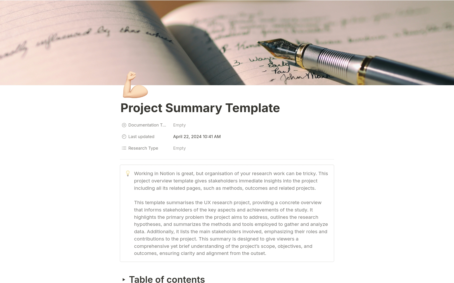 A template preview for UXR Project summary