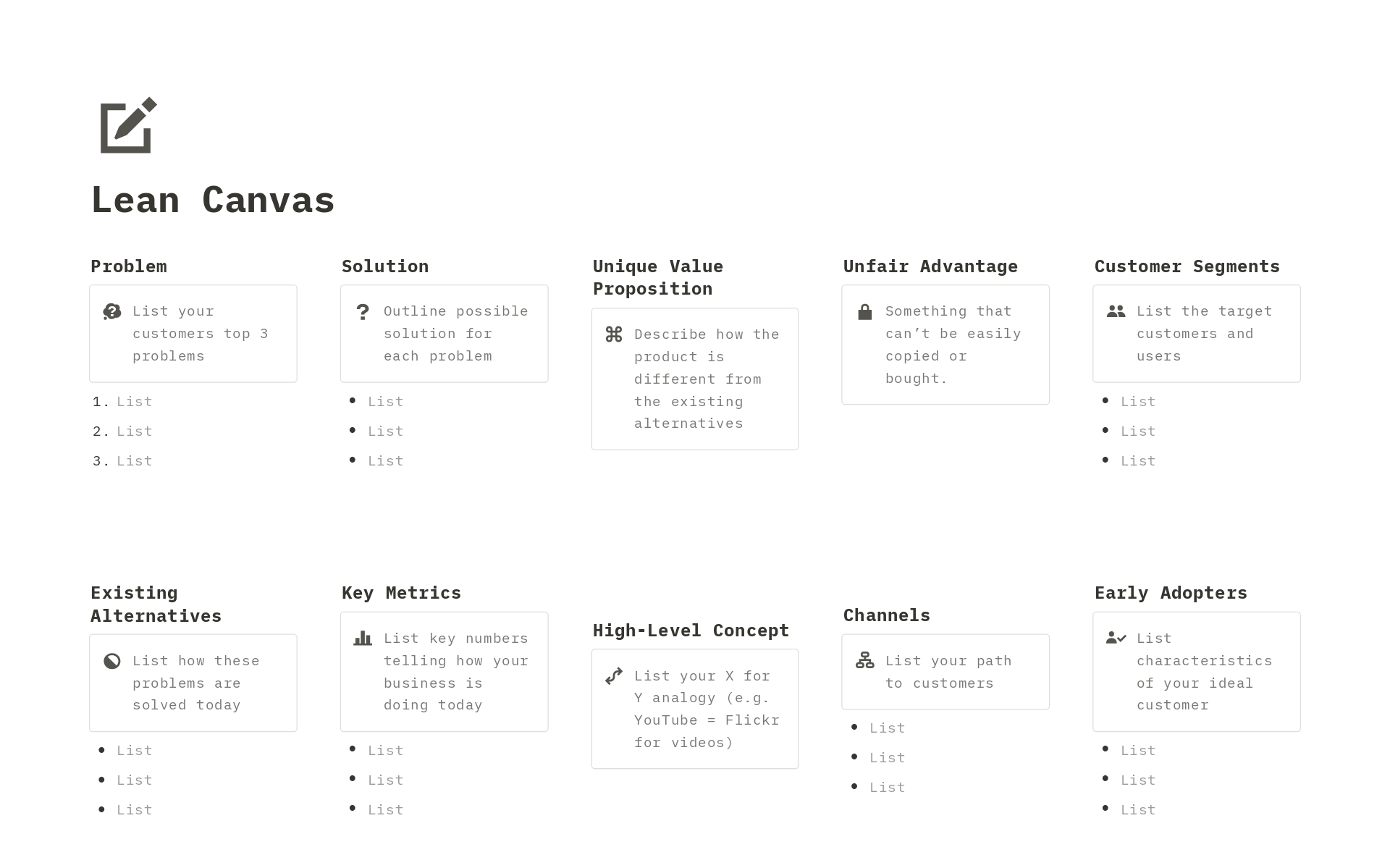 A template preview for Lean Canvas