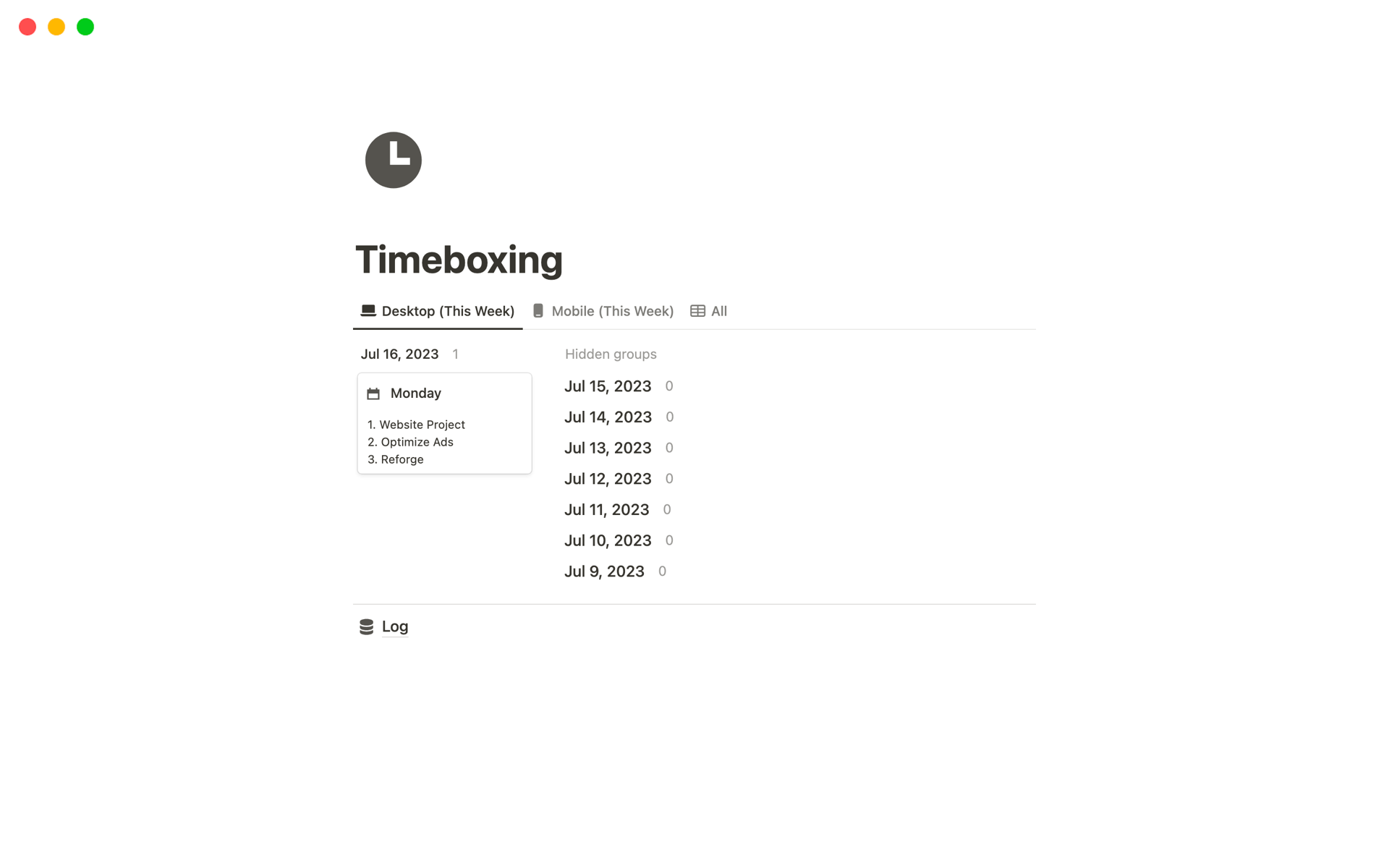 A template preview for Timeboxing