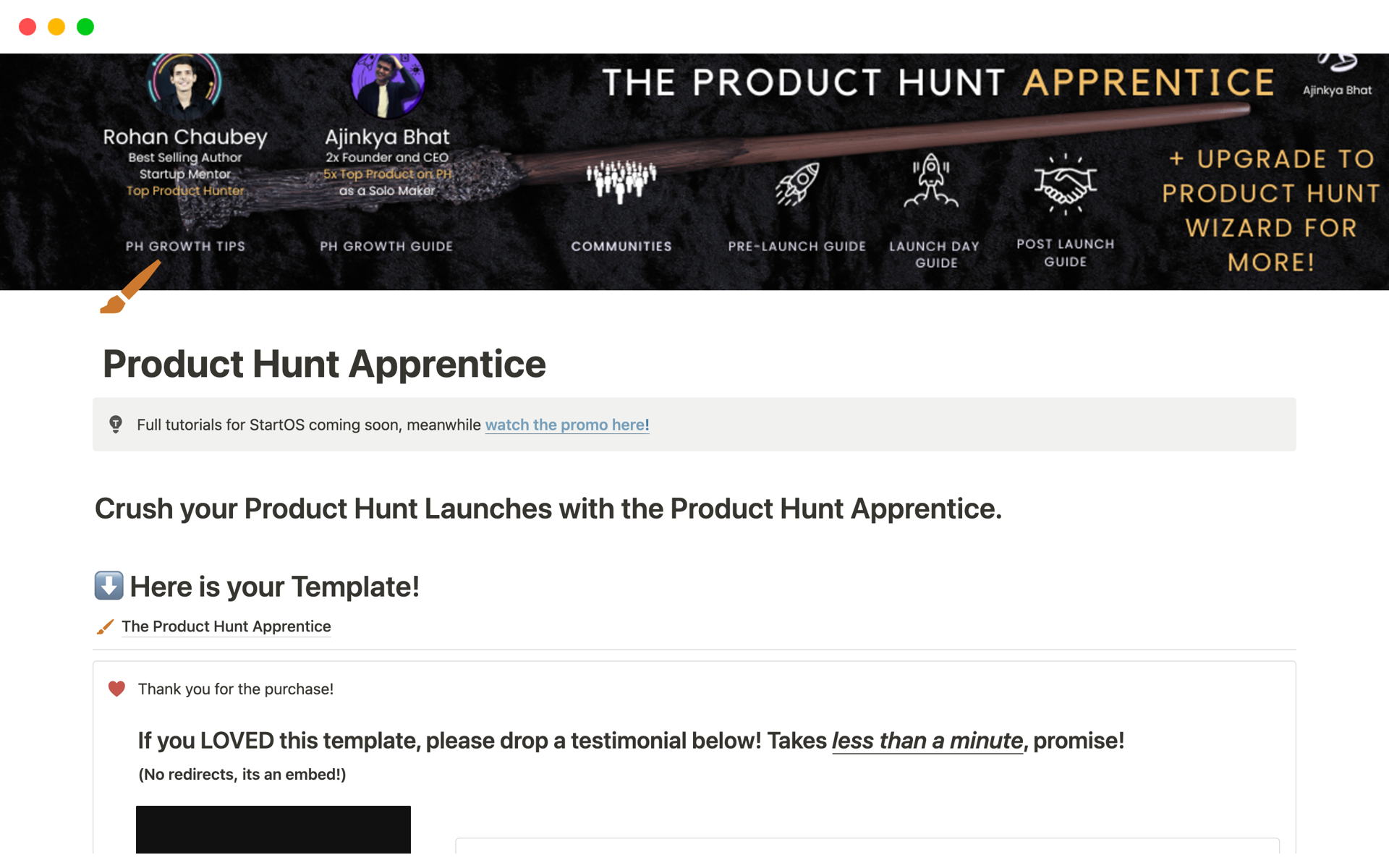 A template preview for  Product Hunt Apprentice 