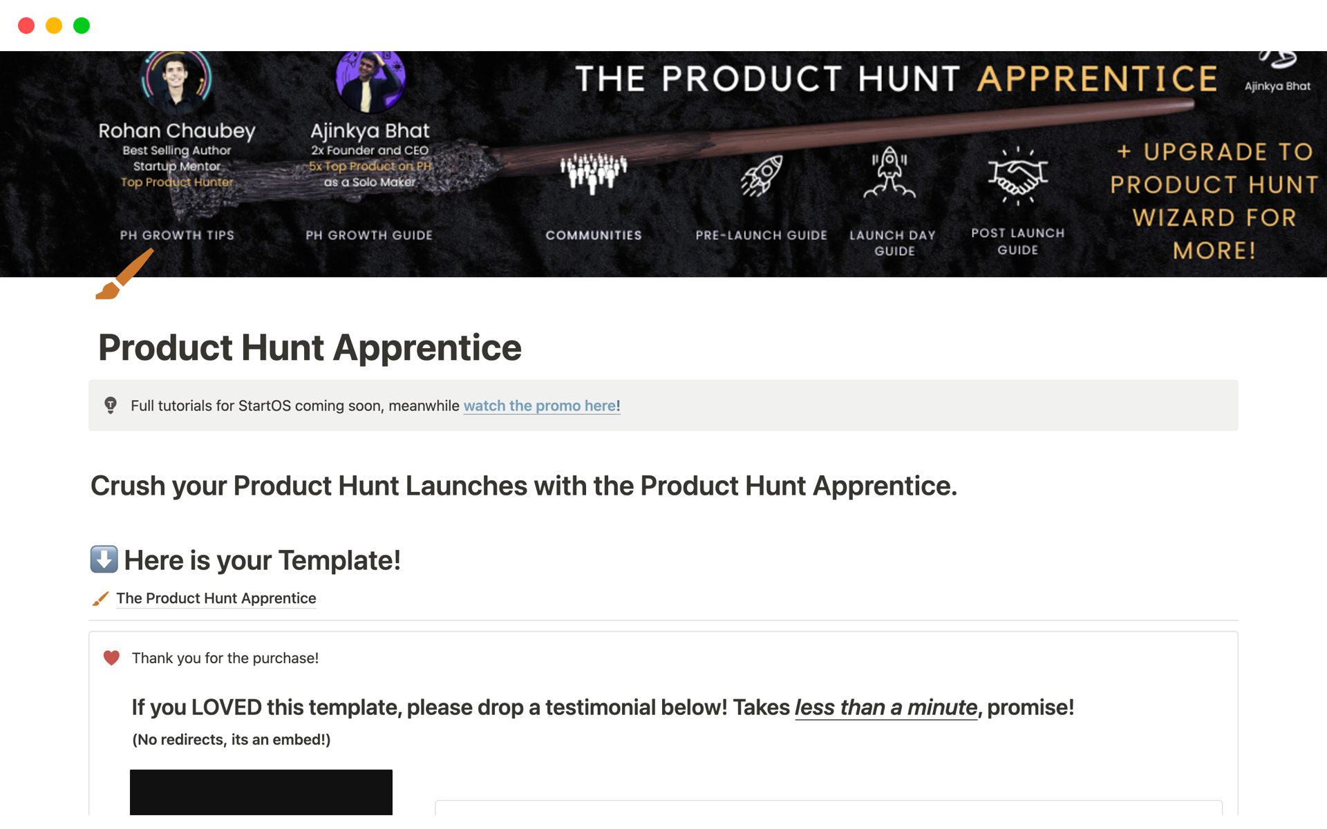 Vista previa de una plantilla para  Product Hunt Apprentice 