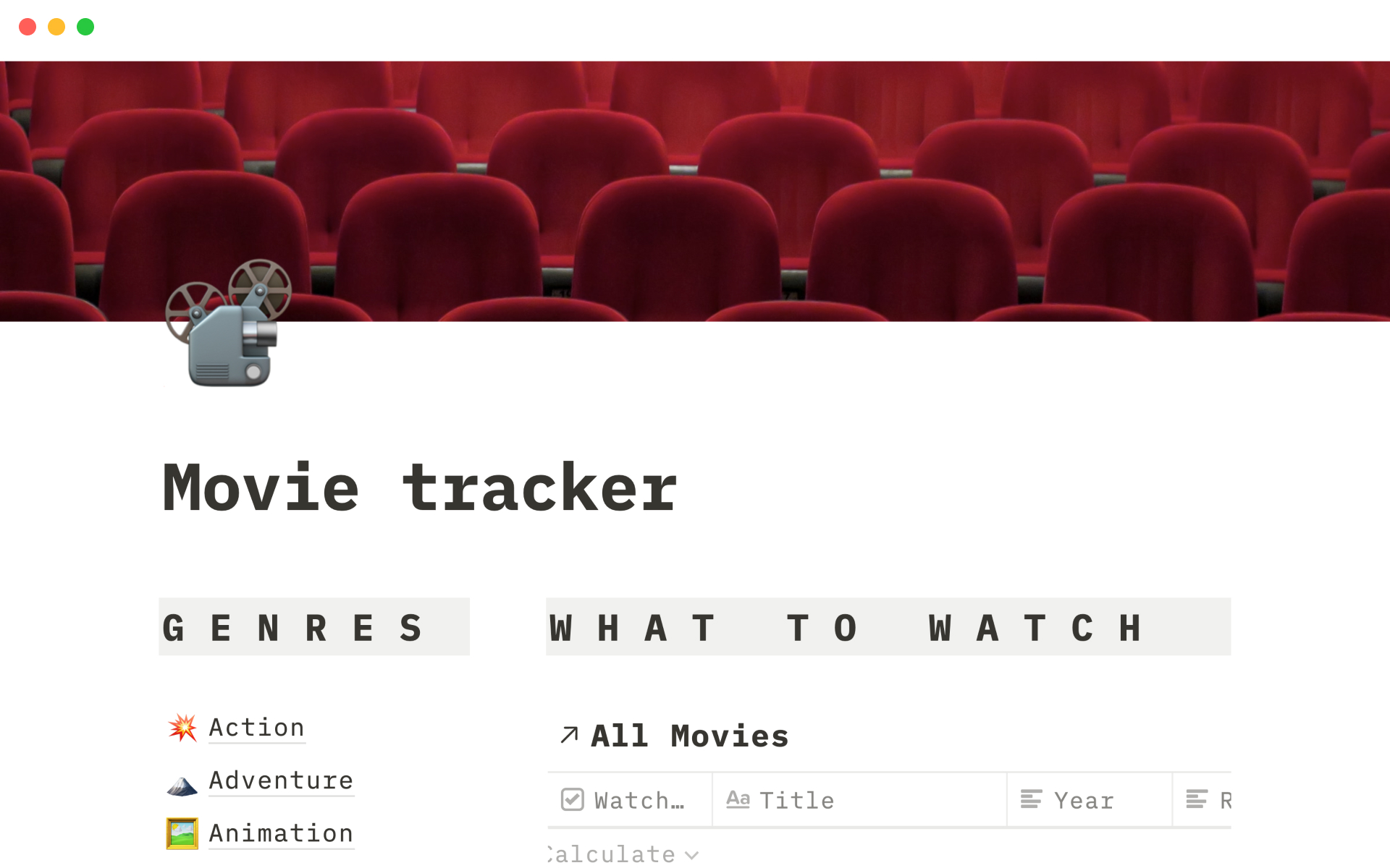 A template preview for Movie tracker