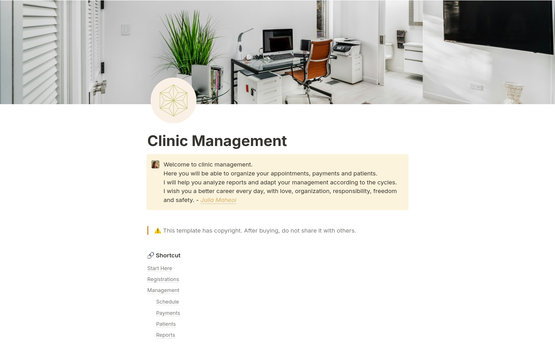 A template preview for Clinic management