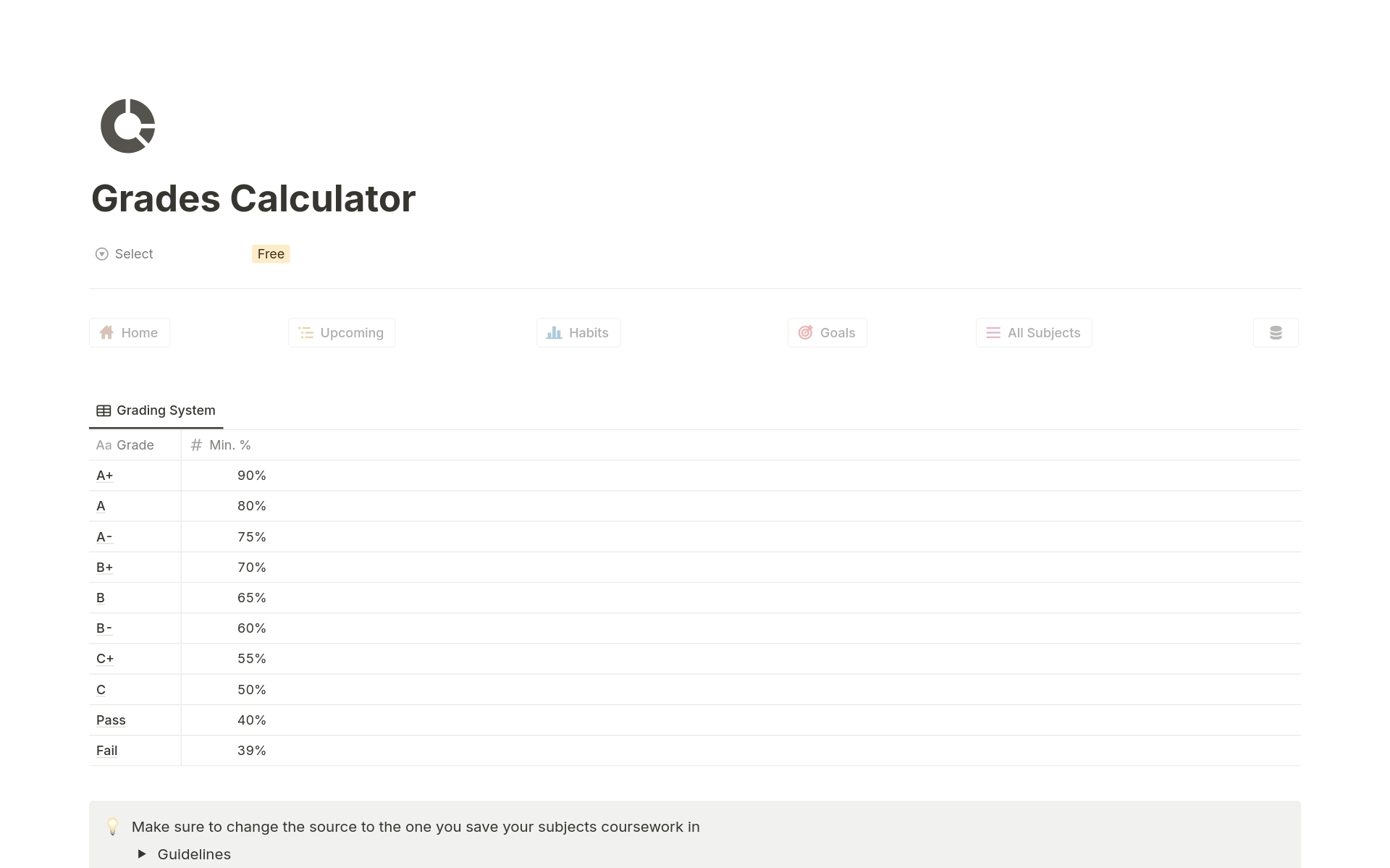 A template preview for Grades Calculator