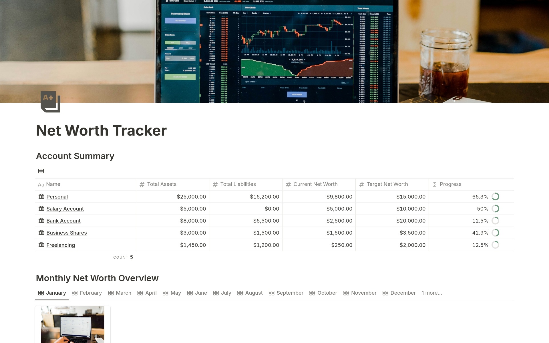 A template preview for Net Worth Tracker 