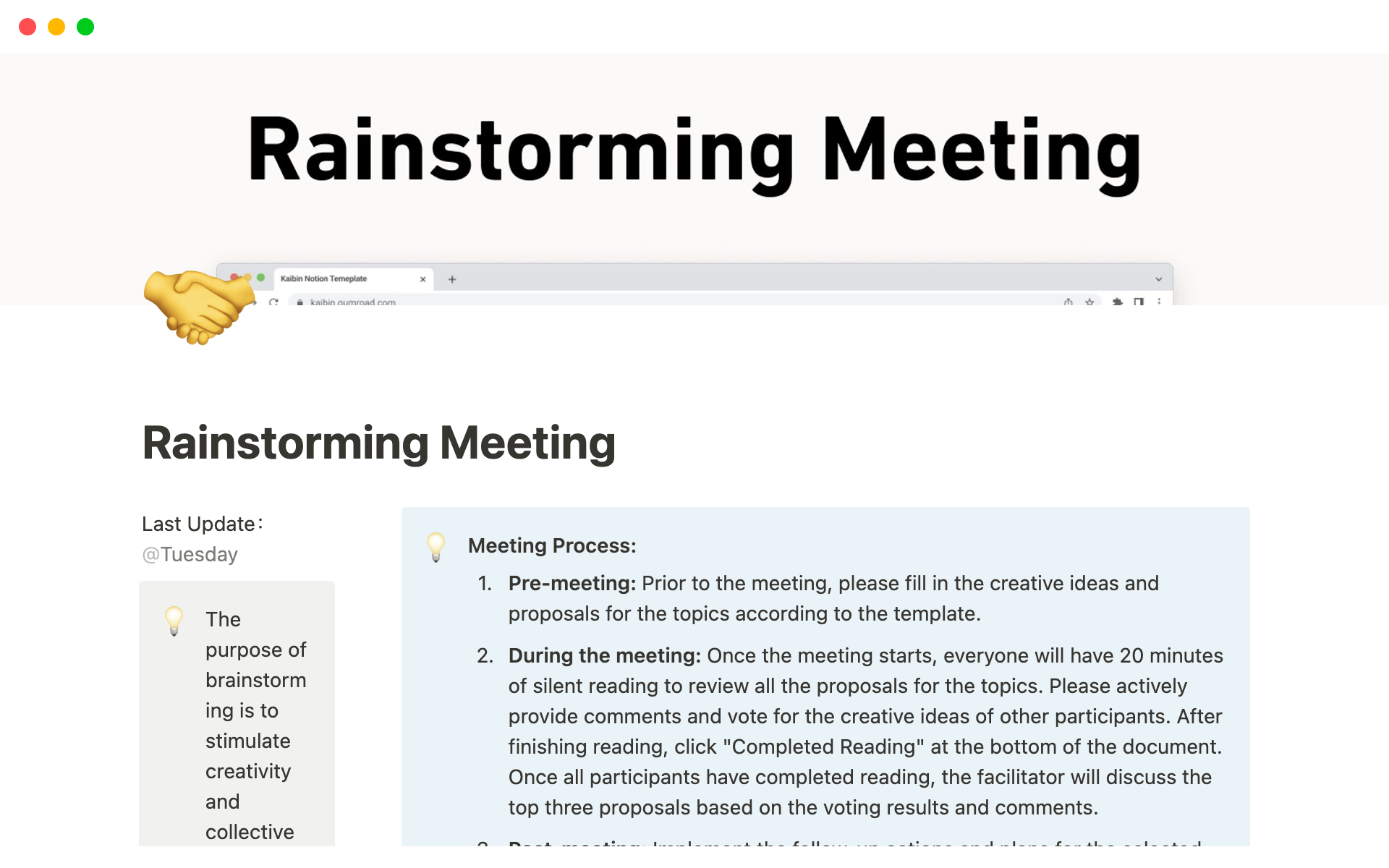 A template preview for Rainstorming Meeting