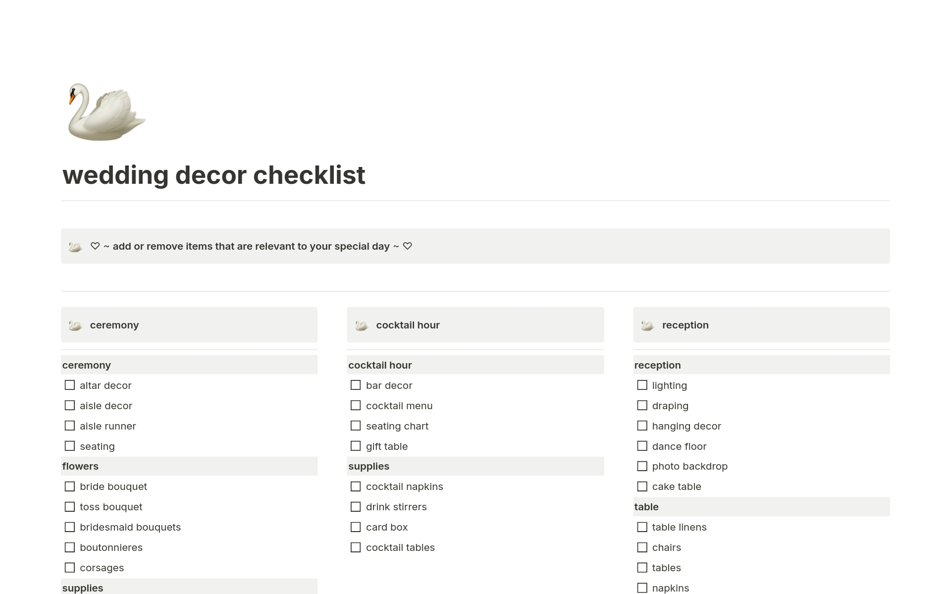 simple, easy to use wedding decor checklist