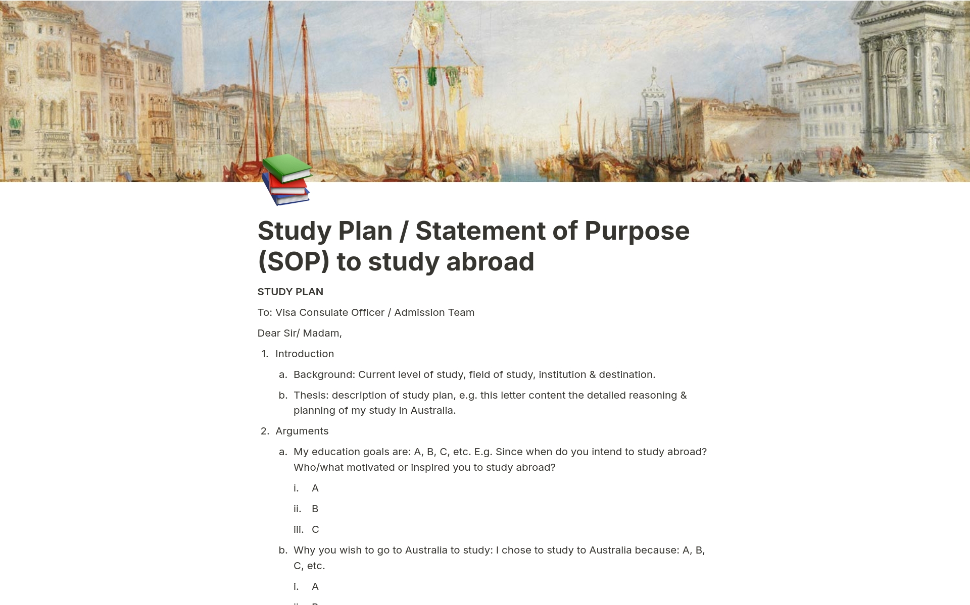 A template preview for Study Plan (SOP) to study abroad