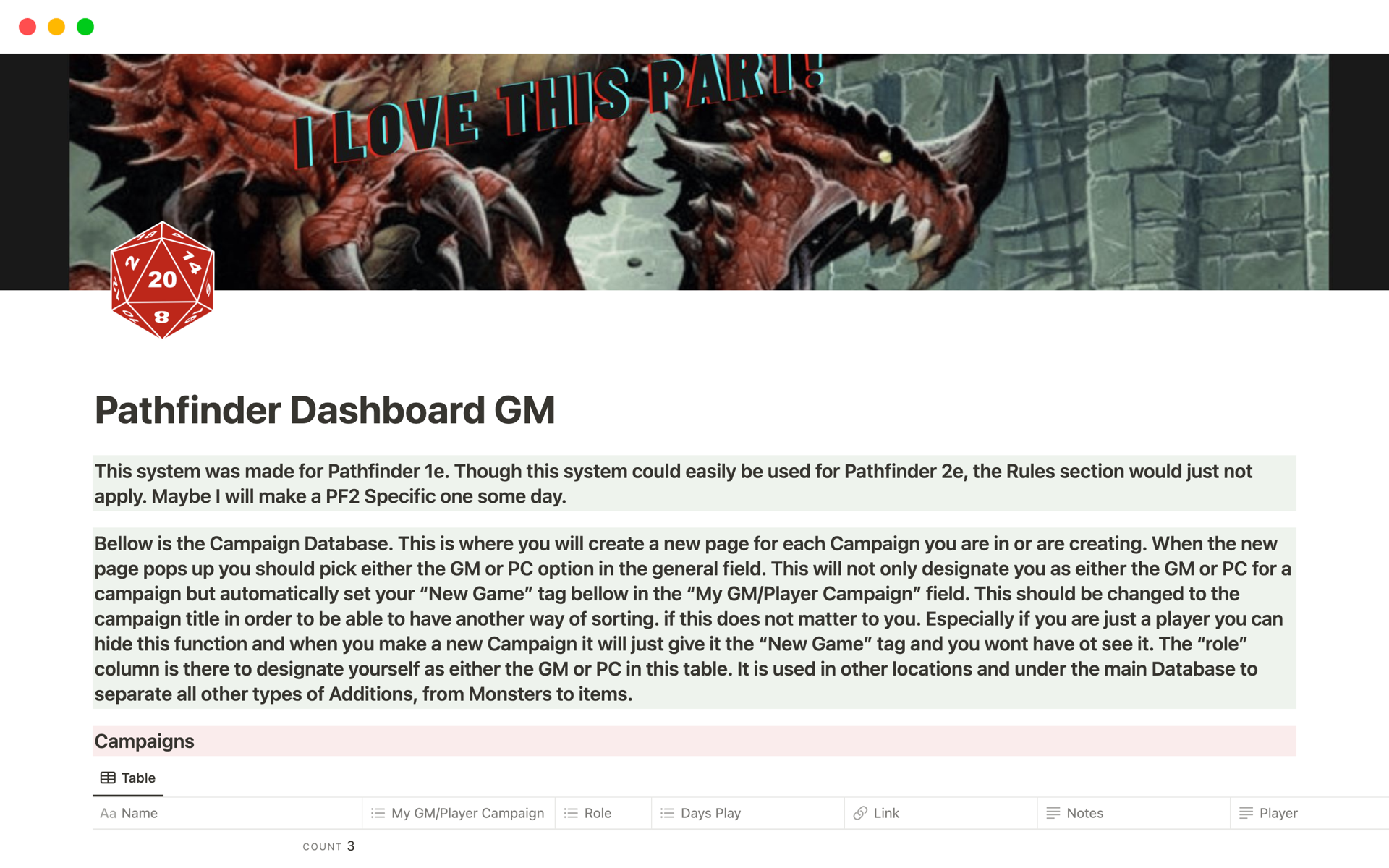 A template preview for Pathfinder GM Dashboard