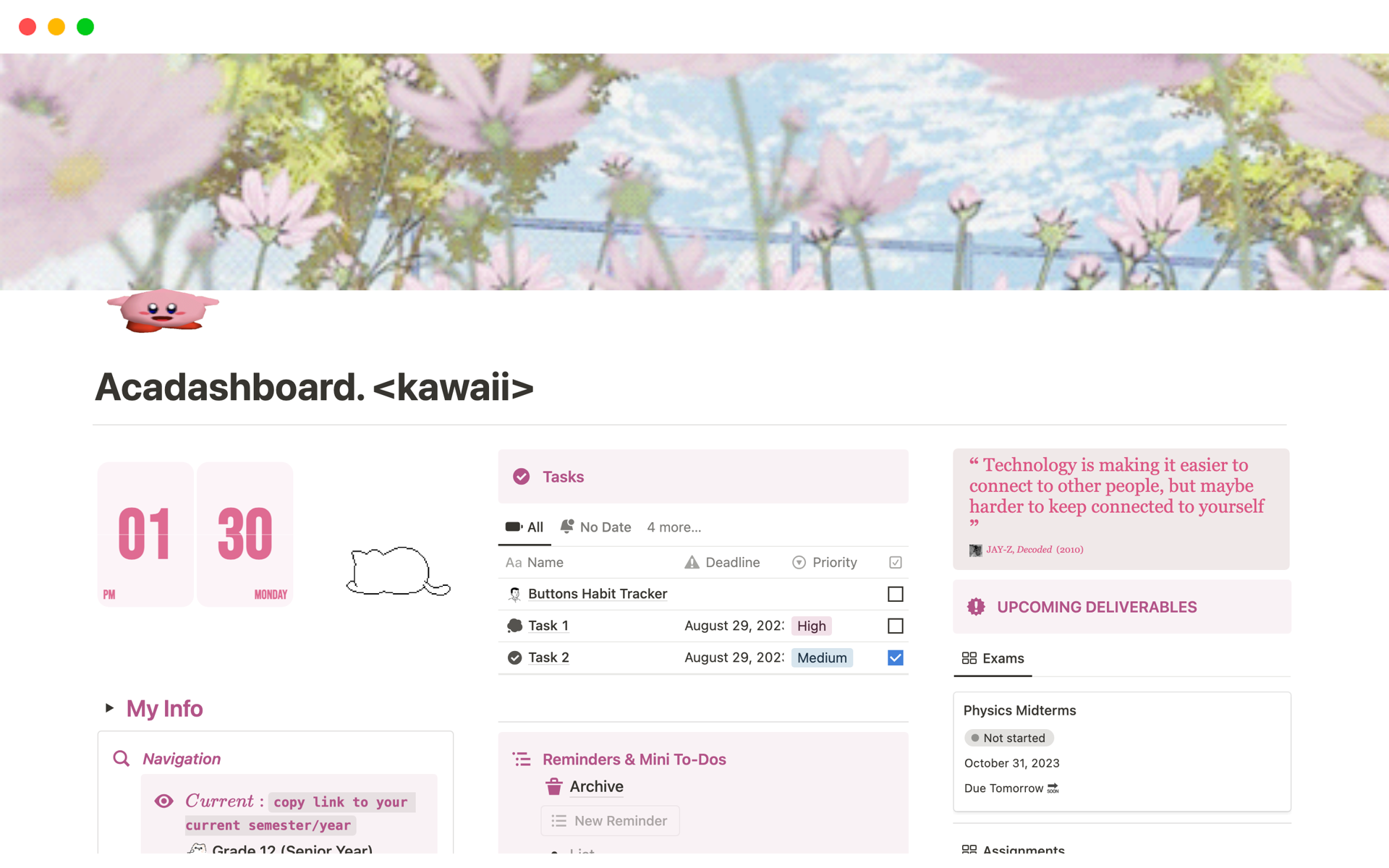 Aperçu du modèle de Pink Kawaii Acadashboard: Student OS