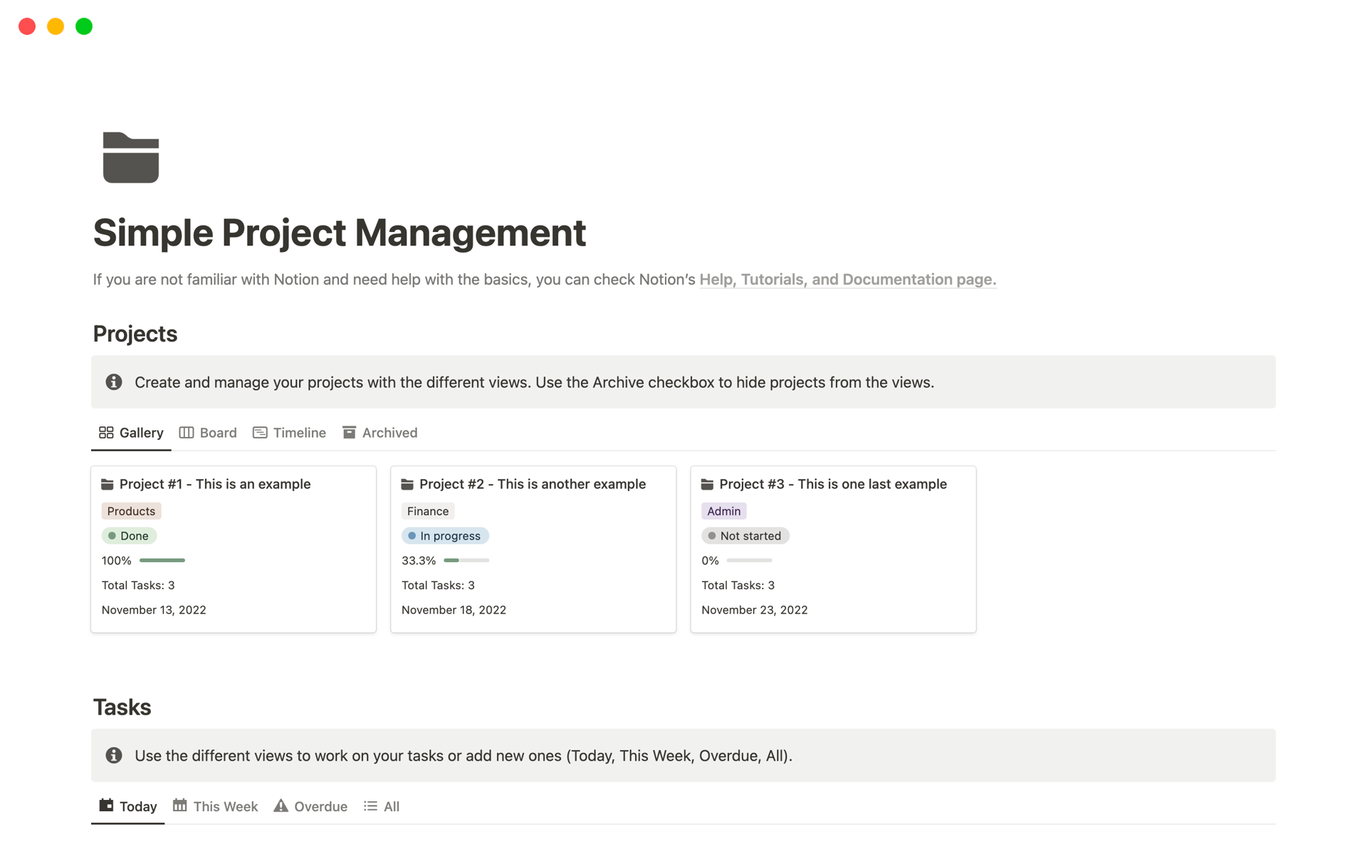 A template preview for Simple Project Management