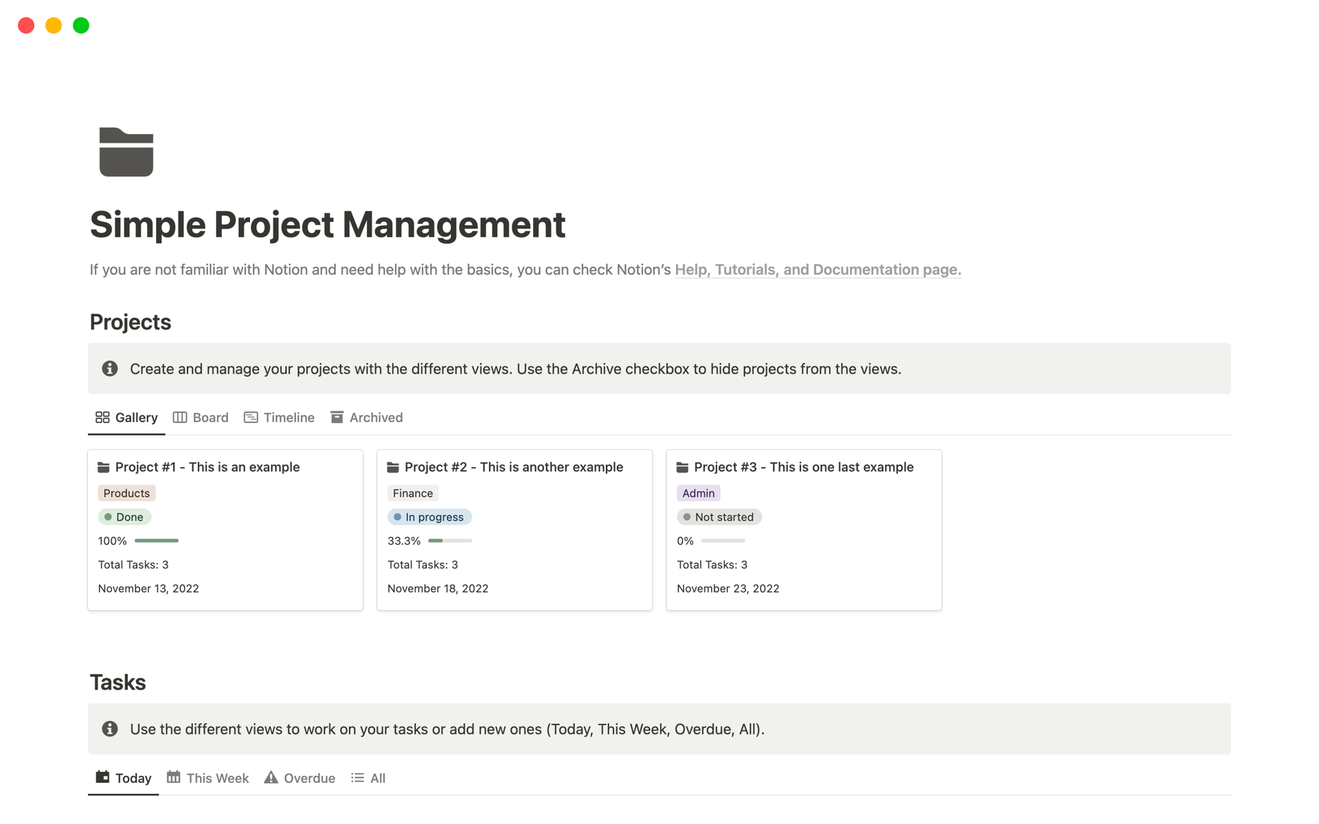 Vista previa de una plantilla para Simple Project Management