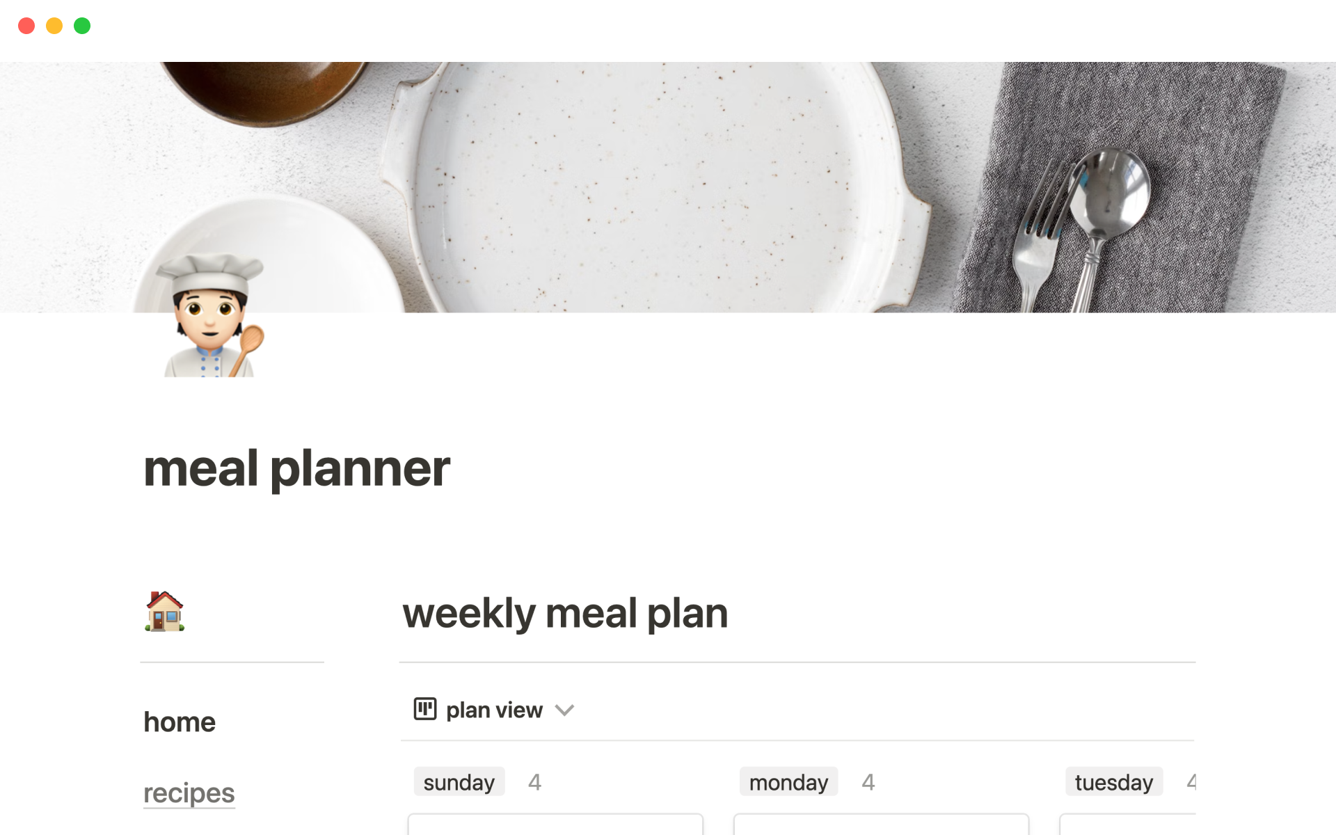 A template preview for Meal planner