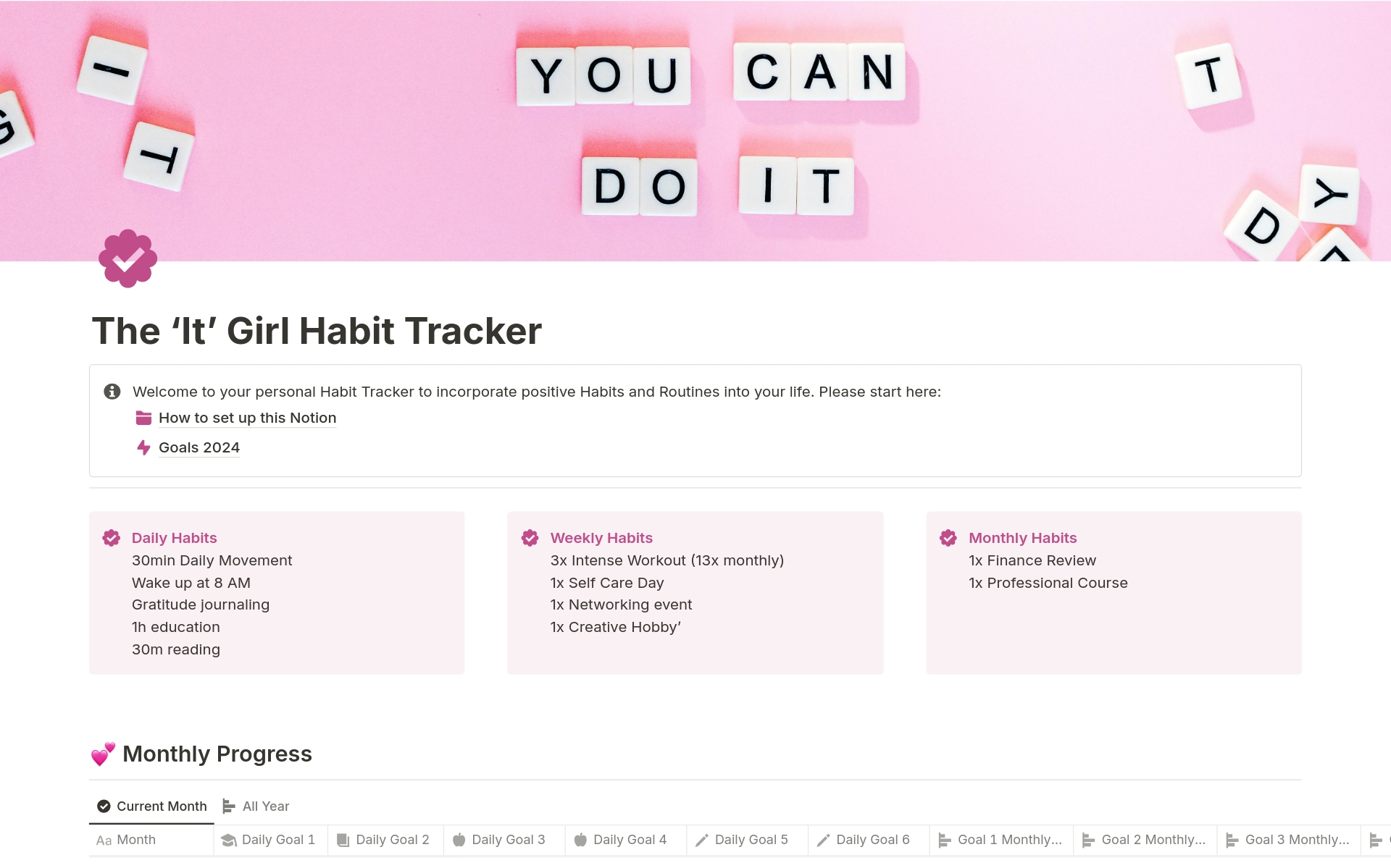 A template preview for Become ‘That Girl’: Notion Habit Tracker