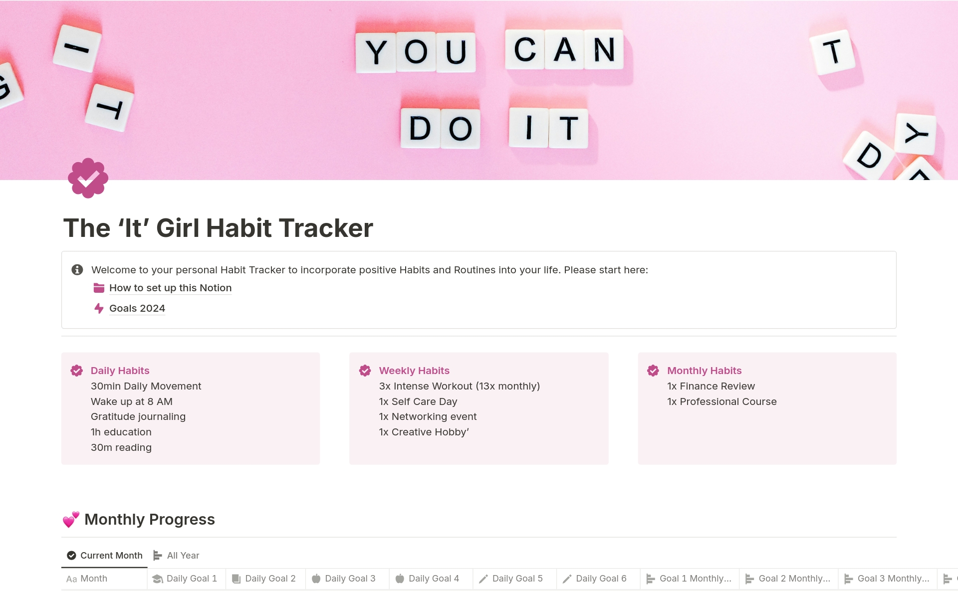 Become ‘That Girl’: Notion Habit Tracker님의 템플릿 미리보기