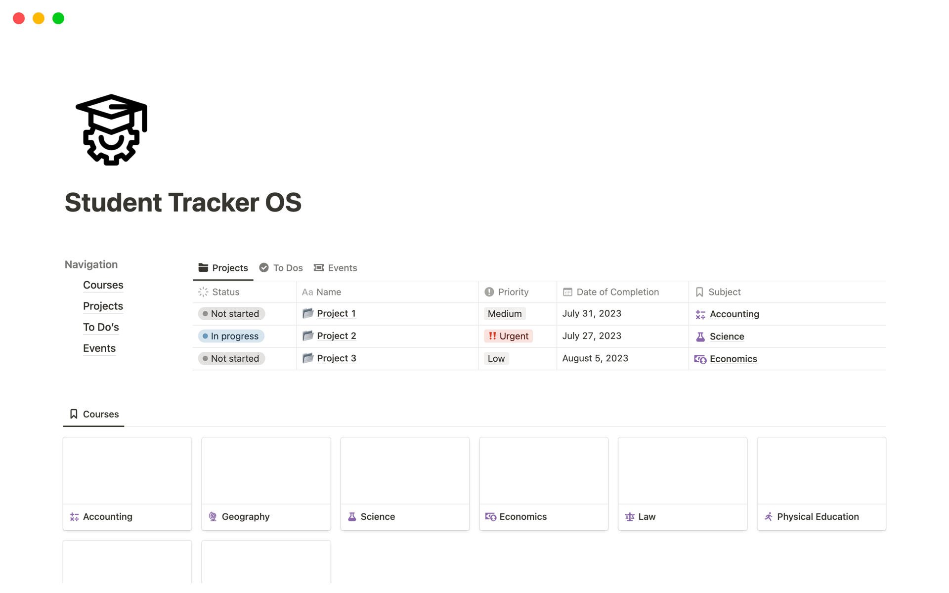 A template preview for Student Tracker OS