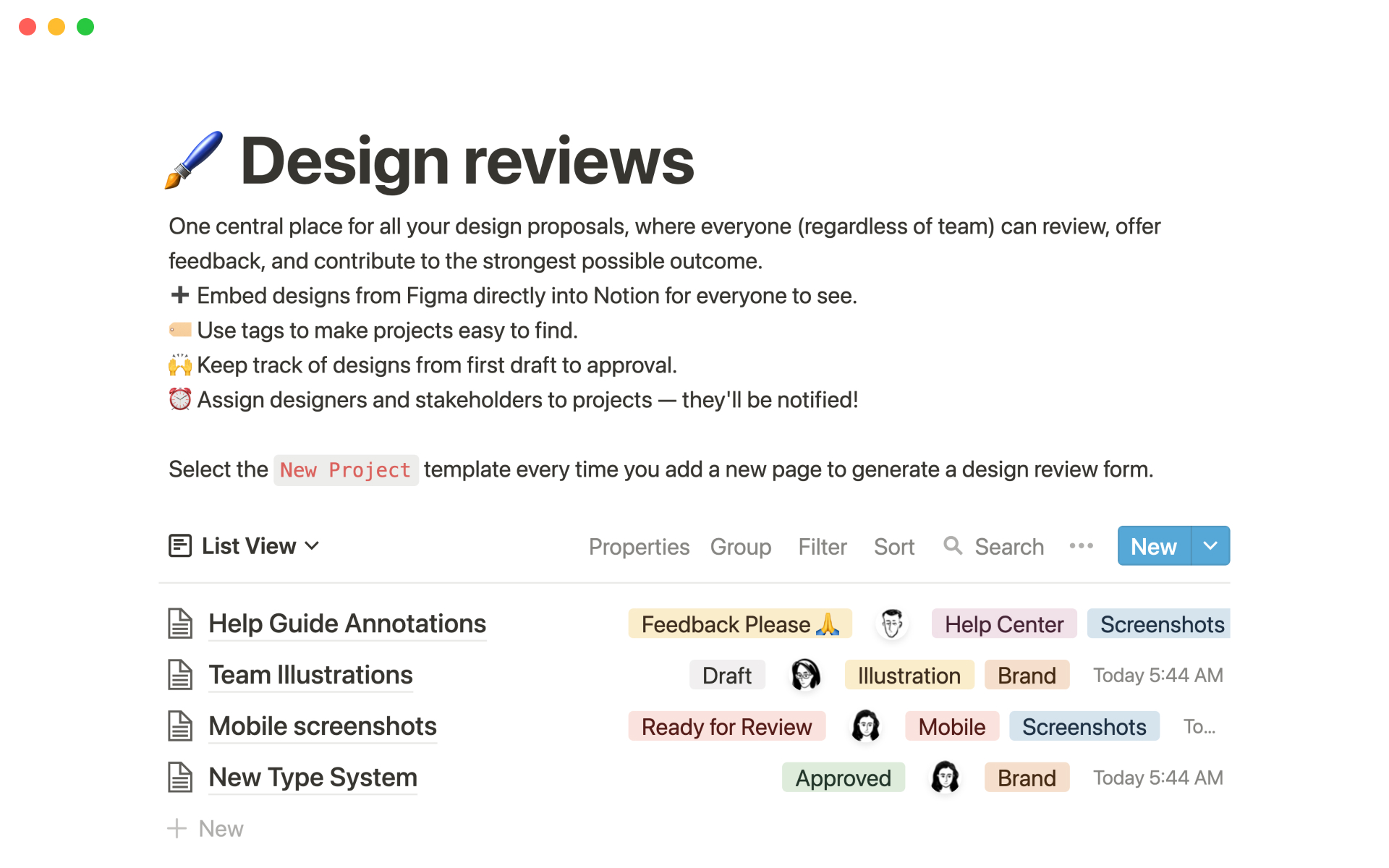 A template preview for Design reviews