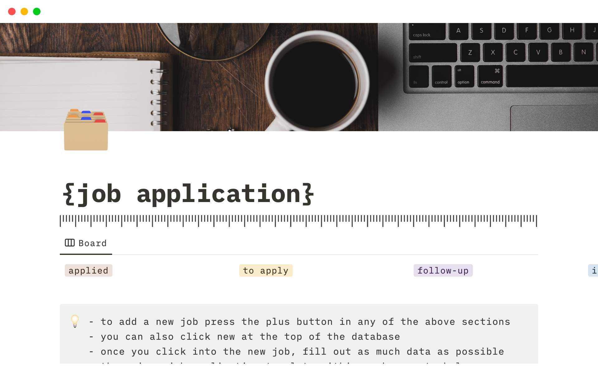 A template preview for notion job application template