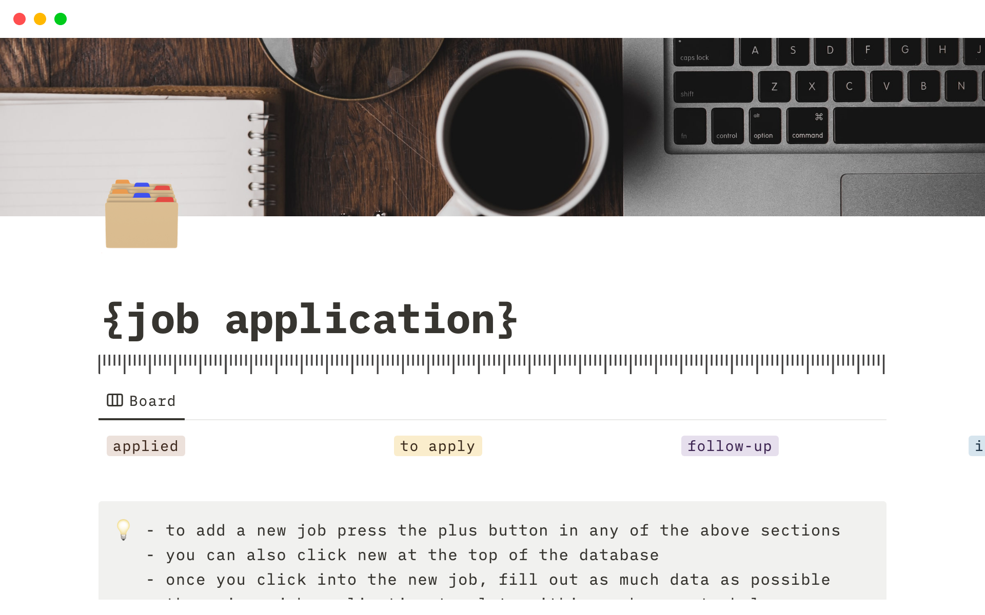 Vista previa de una plantilla para notion job application template