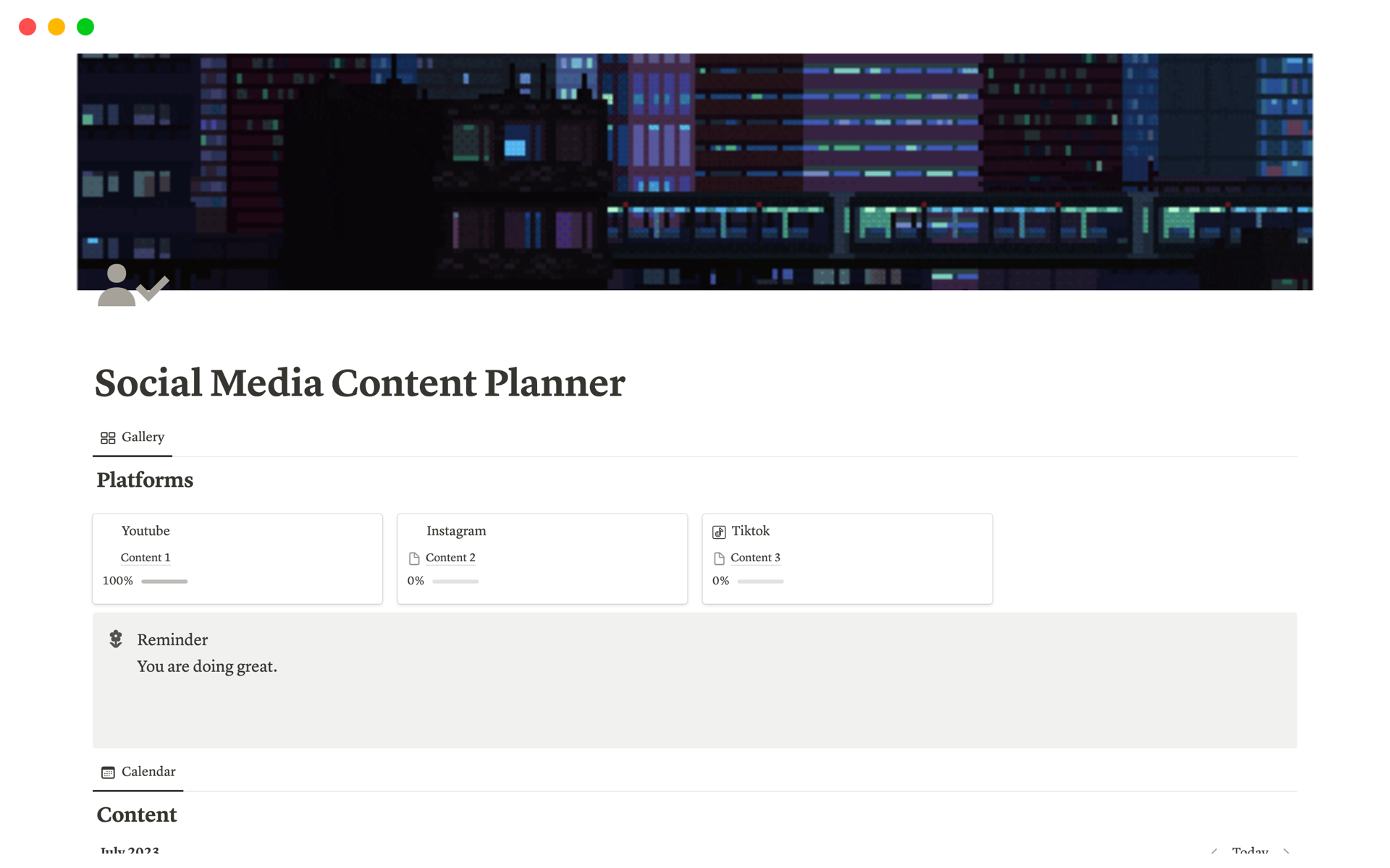 En forhåndsvisning av mal for Social Media Content Planner