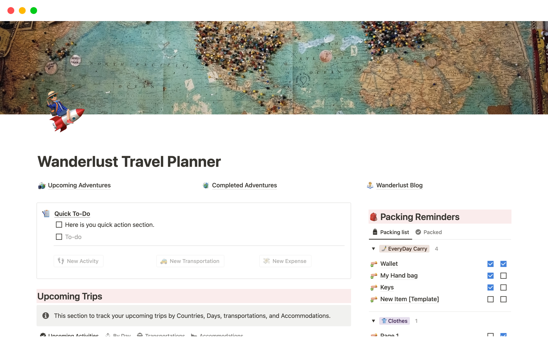 This Notion template helps travelers stay organized and reduce stress when planning trips. It includes features like activity tracking, packing reminders, expense tracking, itinerary planning, and a travel blog. It's customizable and comes with a guide to help users get started.