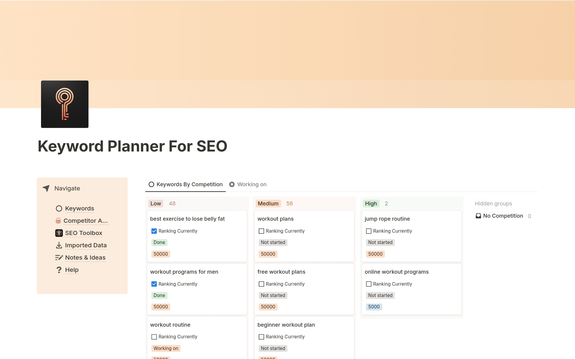 Manage your keywords, competitors & notes easily with the Keyword Planner For SEO (Notion Template)