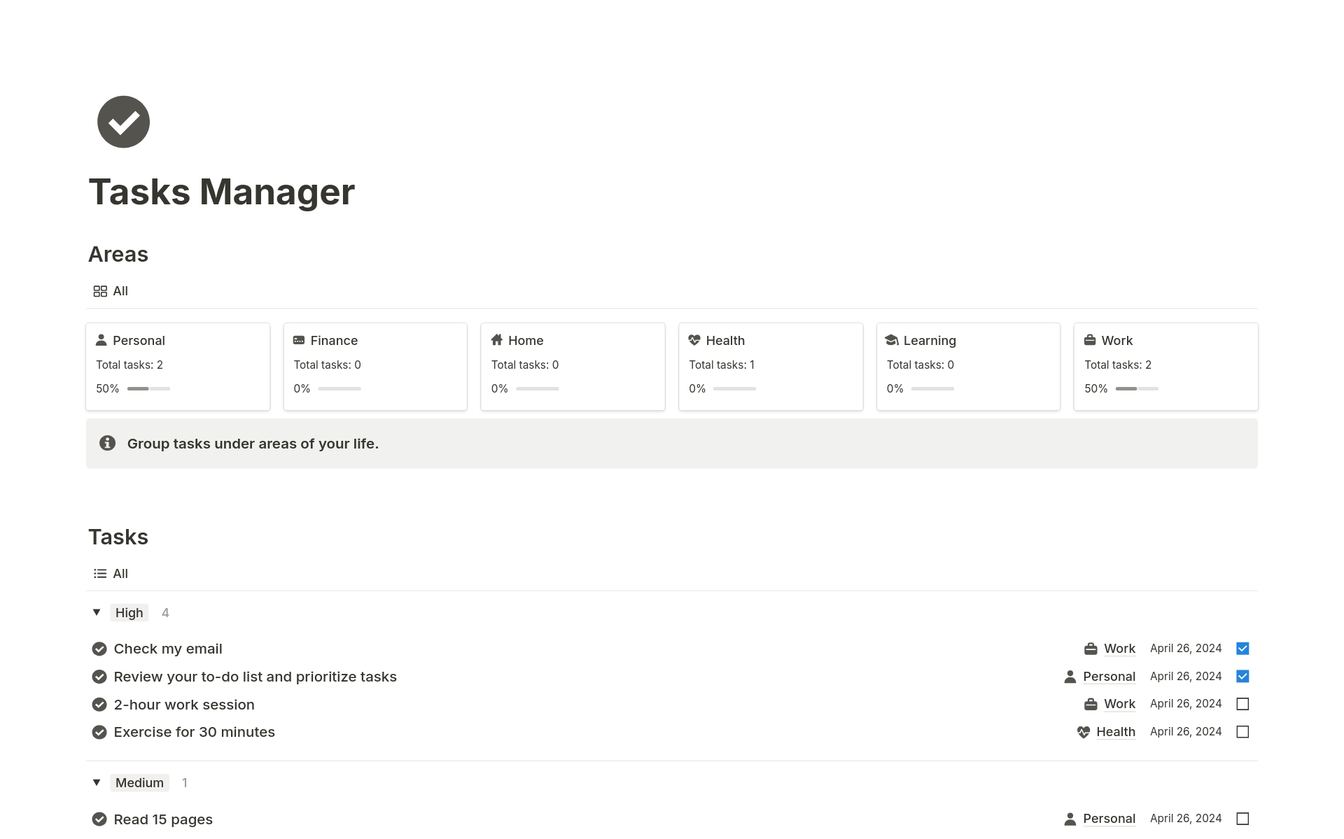 En forhåndsvisning av mal for Simple Tasks Manager