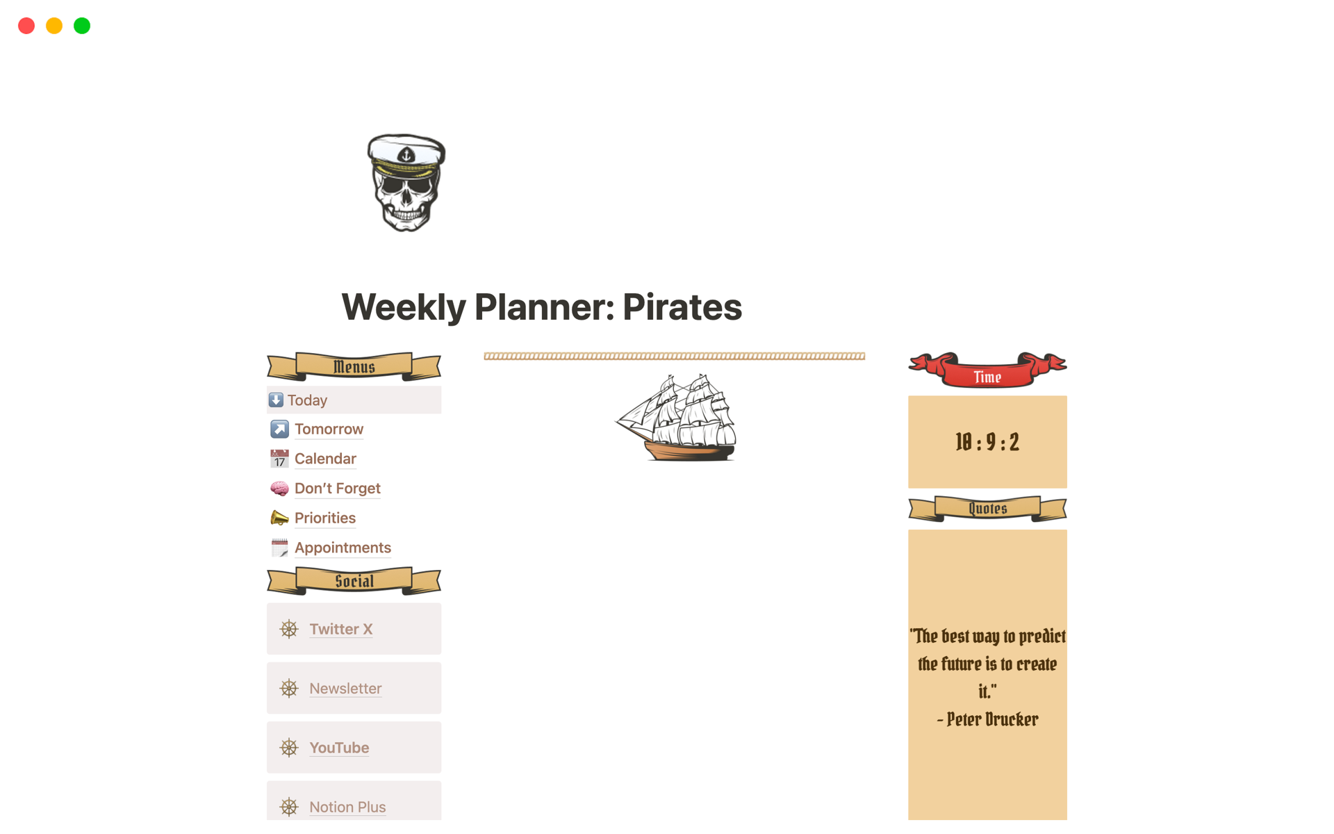 Experience a sweet Notion weekly planner with a pirate theme.
