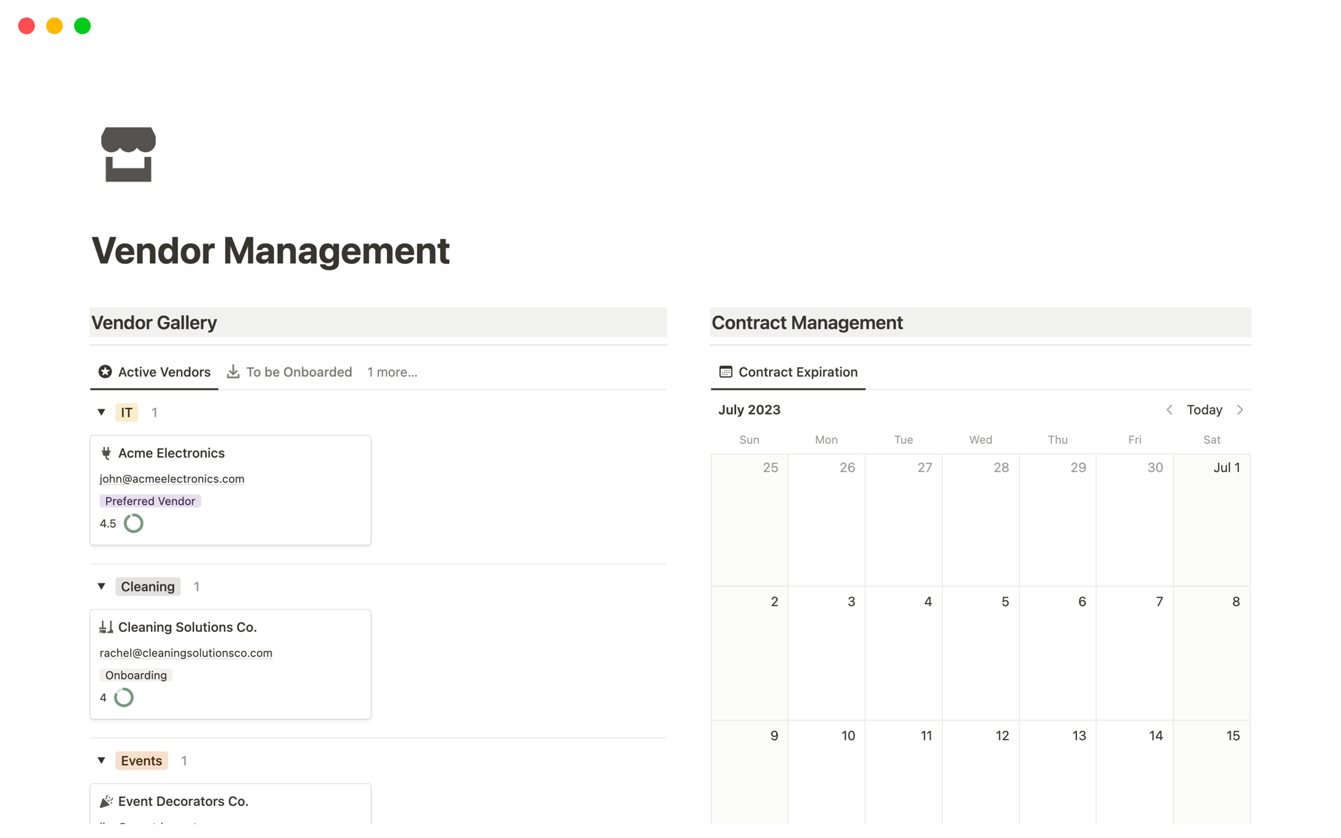 A template preview for Vendor Management System