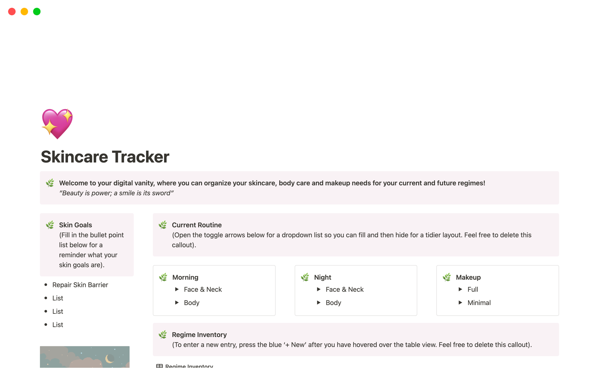 A template preview for Skincare Tracker