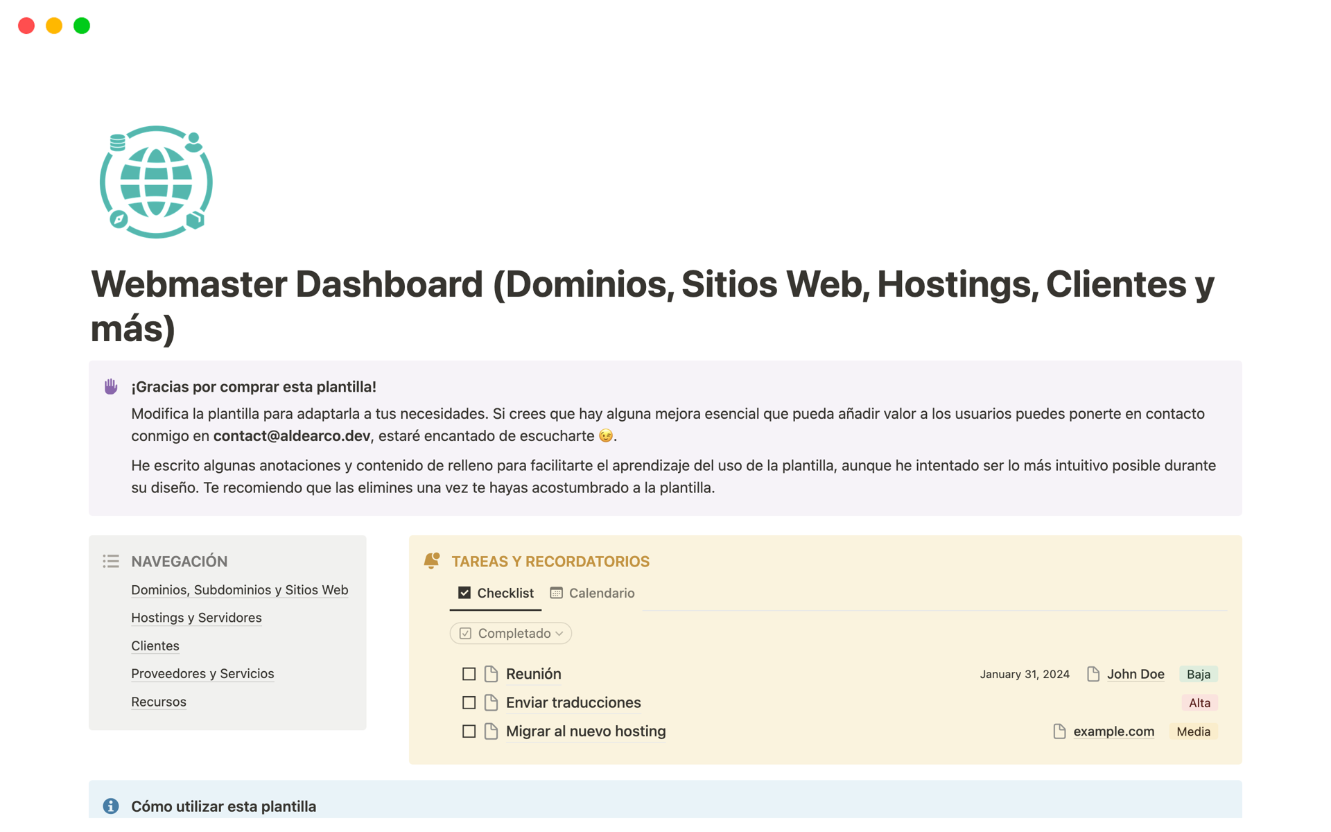 A template preview for Webmaster Dashboard (Dominios, Webs, Hostings)
