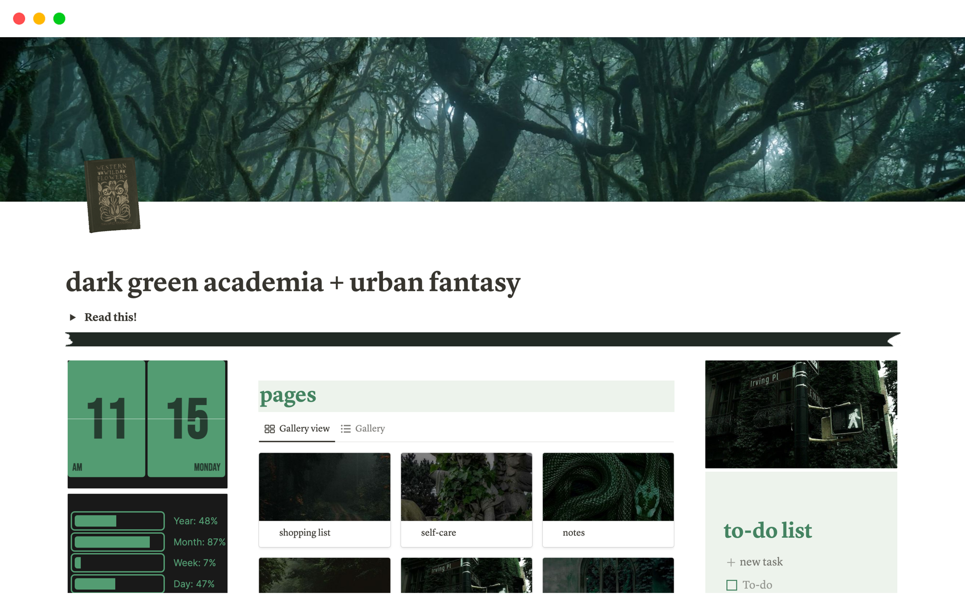 A template preview for Dark Green Academia/Urban Fantasy Dashboard