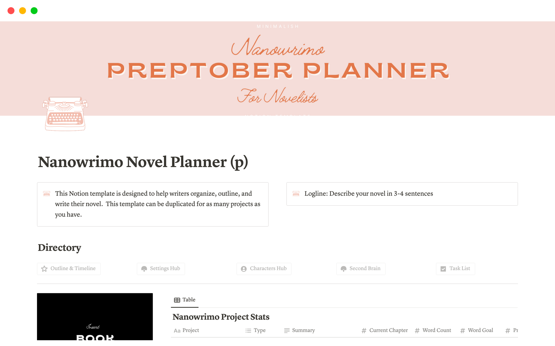 Eine Vorlagenvorschau für Nanowrimo Planner: Novel Planner