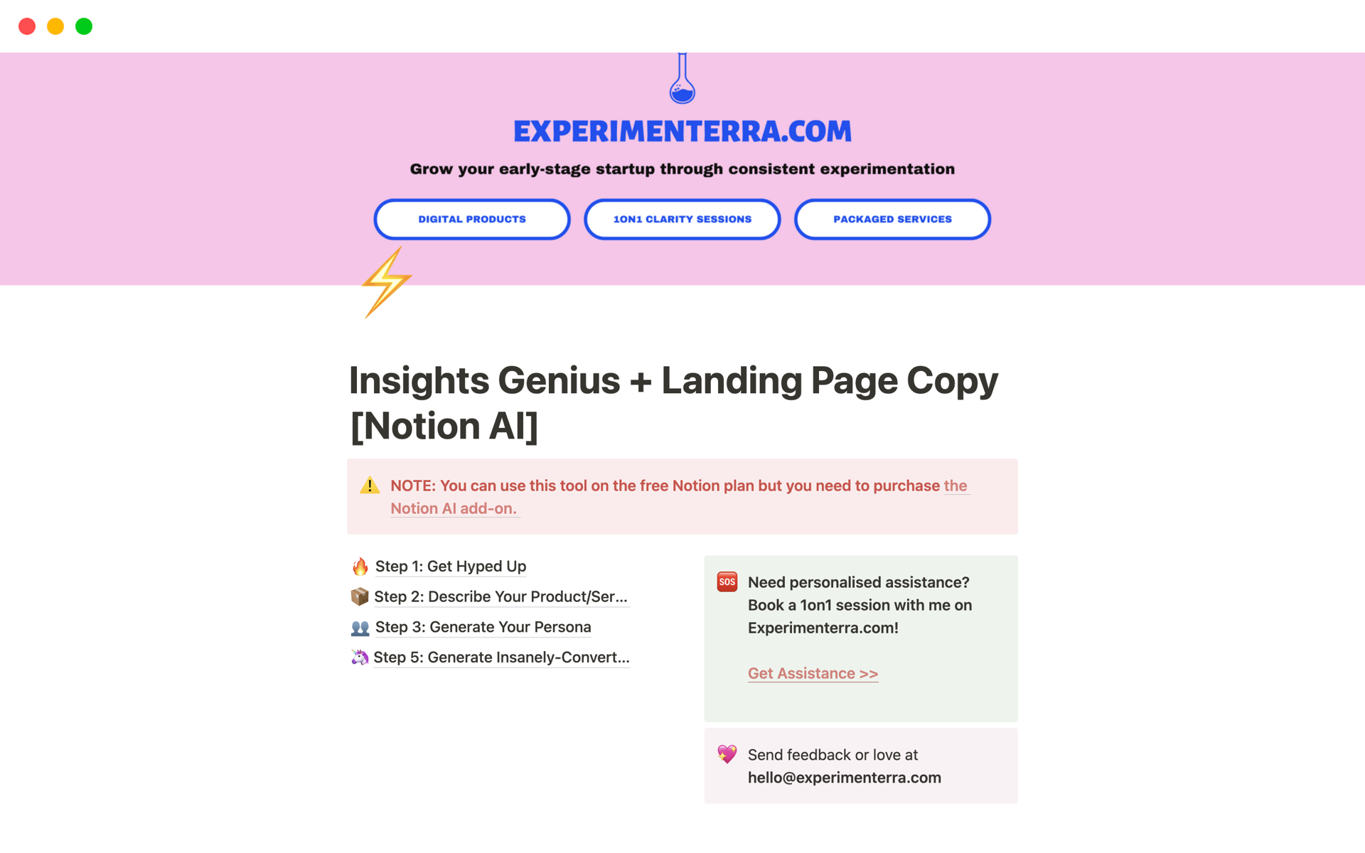 A template preview for Insights Genius + Landing Page Copy [Notion AI]