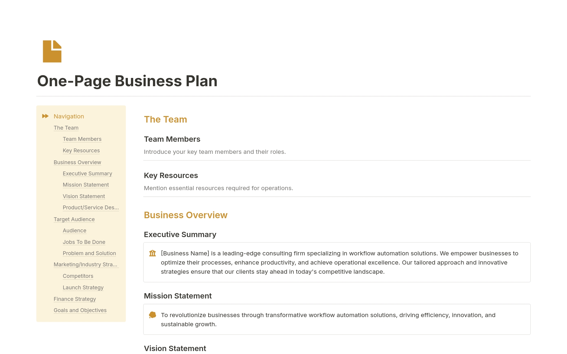 Bring your business planning into one simple page with the One-Page Business Plan template.

Clean, simple, and easy to navigate, this template streamlines your strategy, objectives, and action plans onto a single page. Customize it to reflect your brand and add your own content 