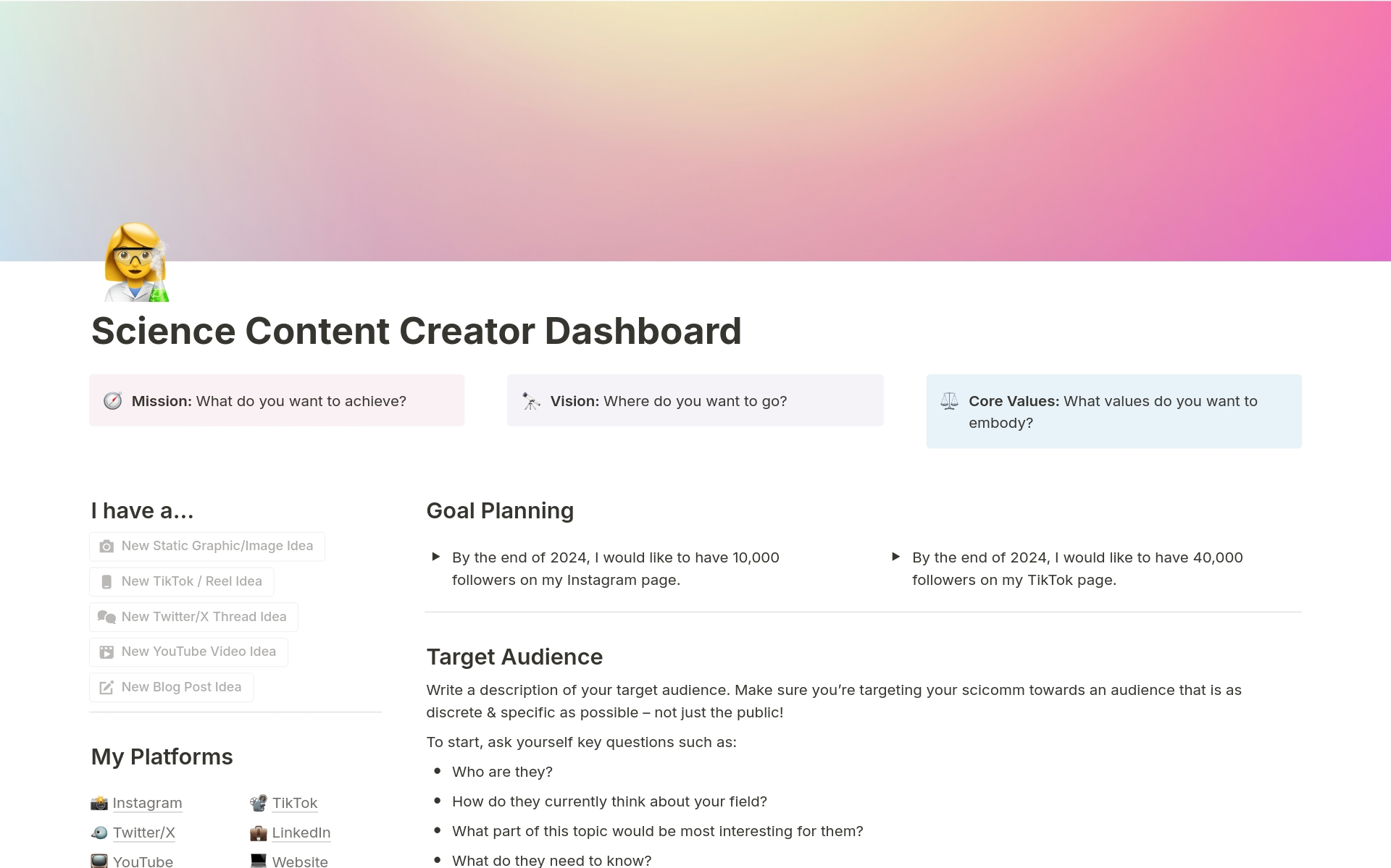 Eine Vorlagenvorschau für Science Content Creator Dashboard