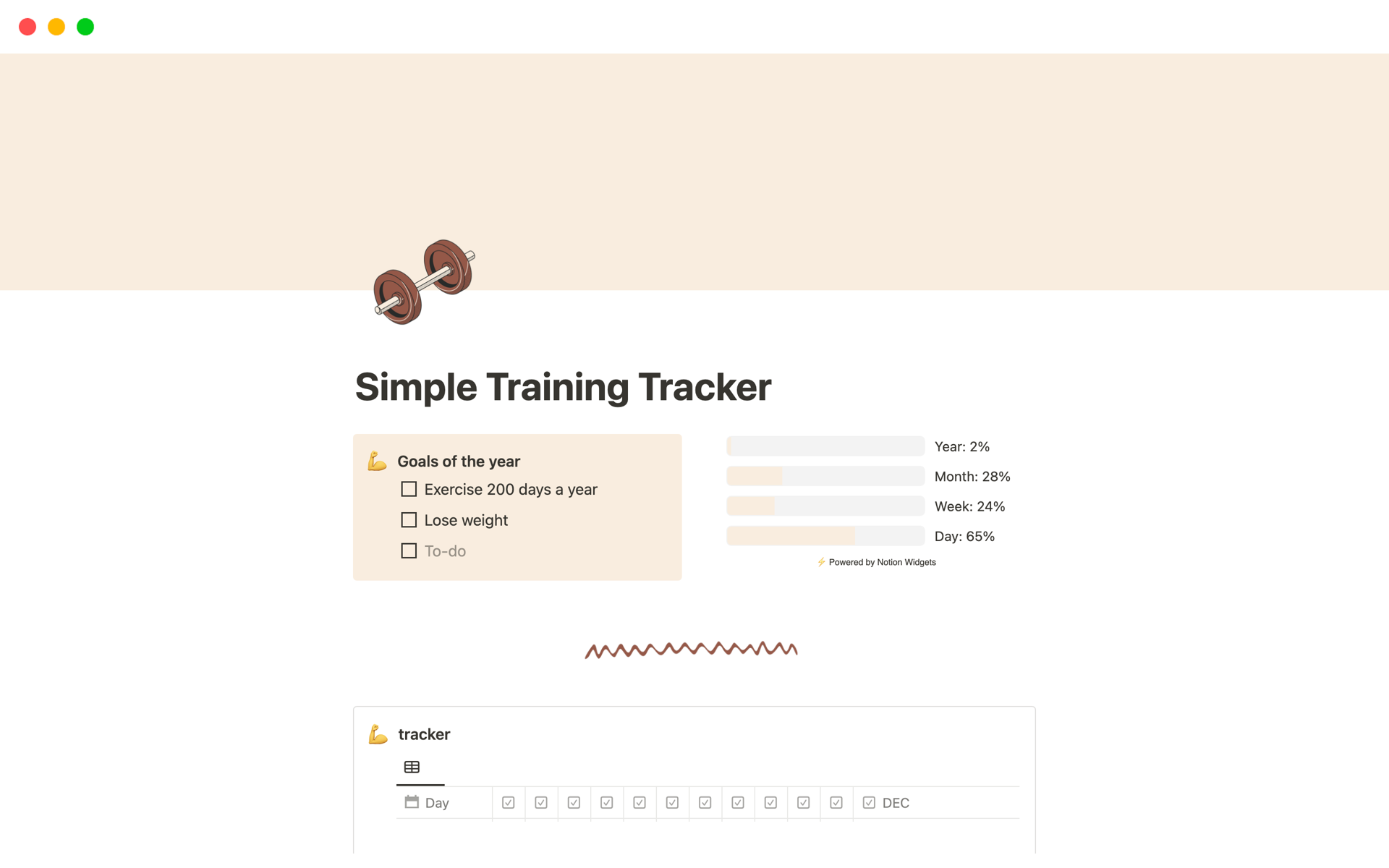 A template preview for Simple Training Tracker