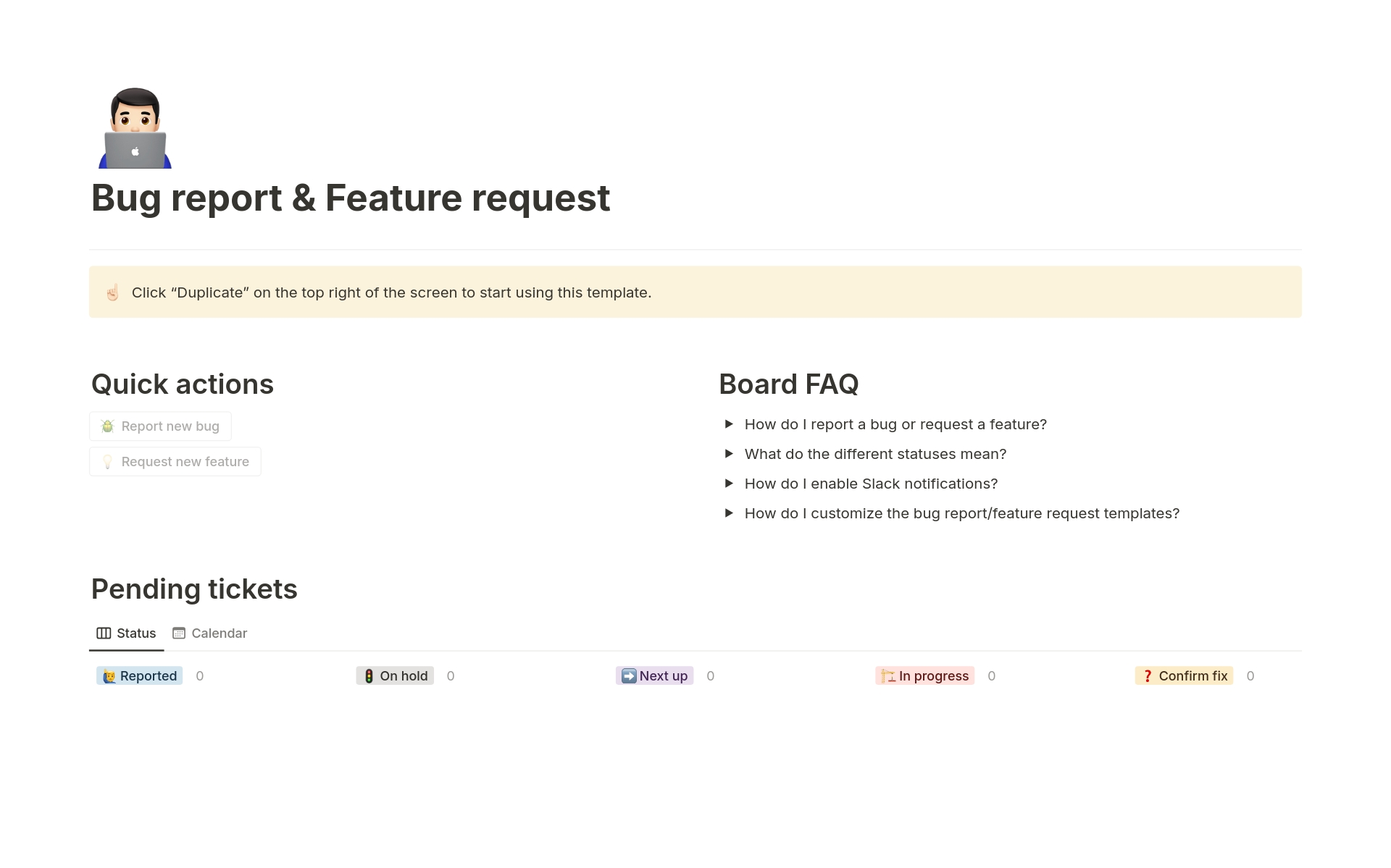 A template preview for Web development Bug reports & Feature requests