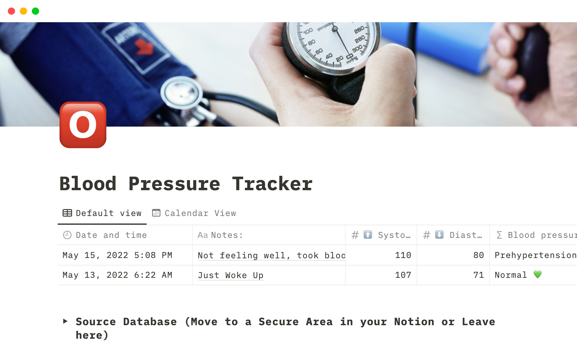 Vista previa de plantilla para Blood Pressure Tracker