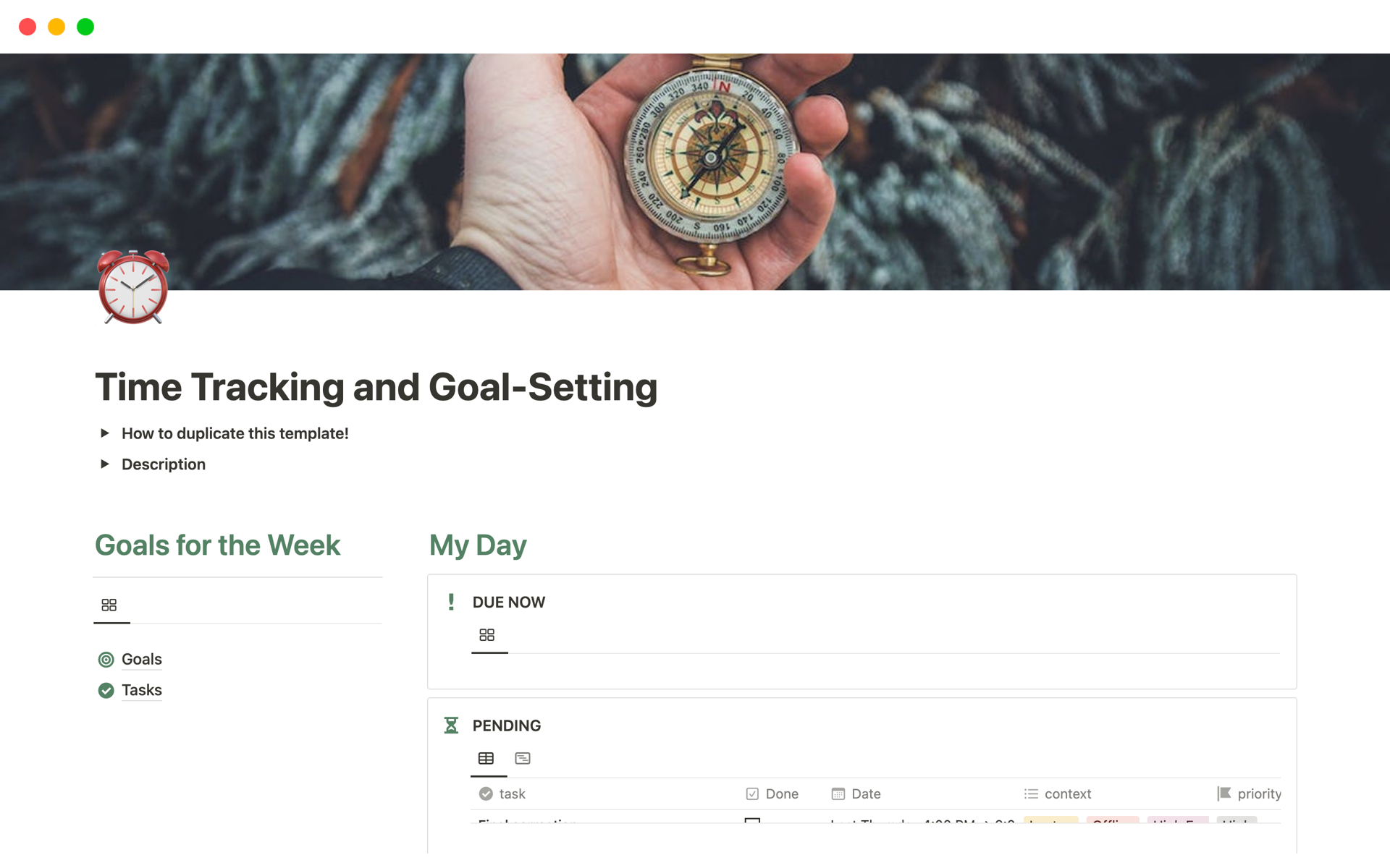 A template preview for Time Tracking and Goal-Setting