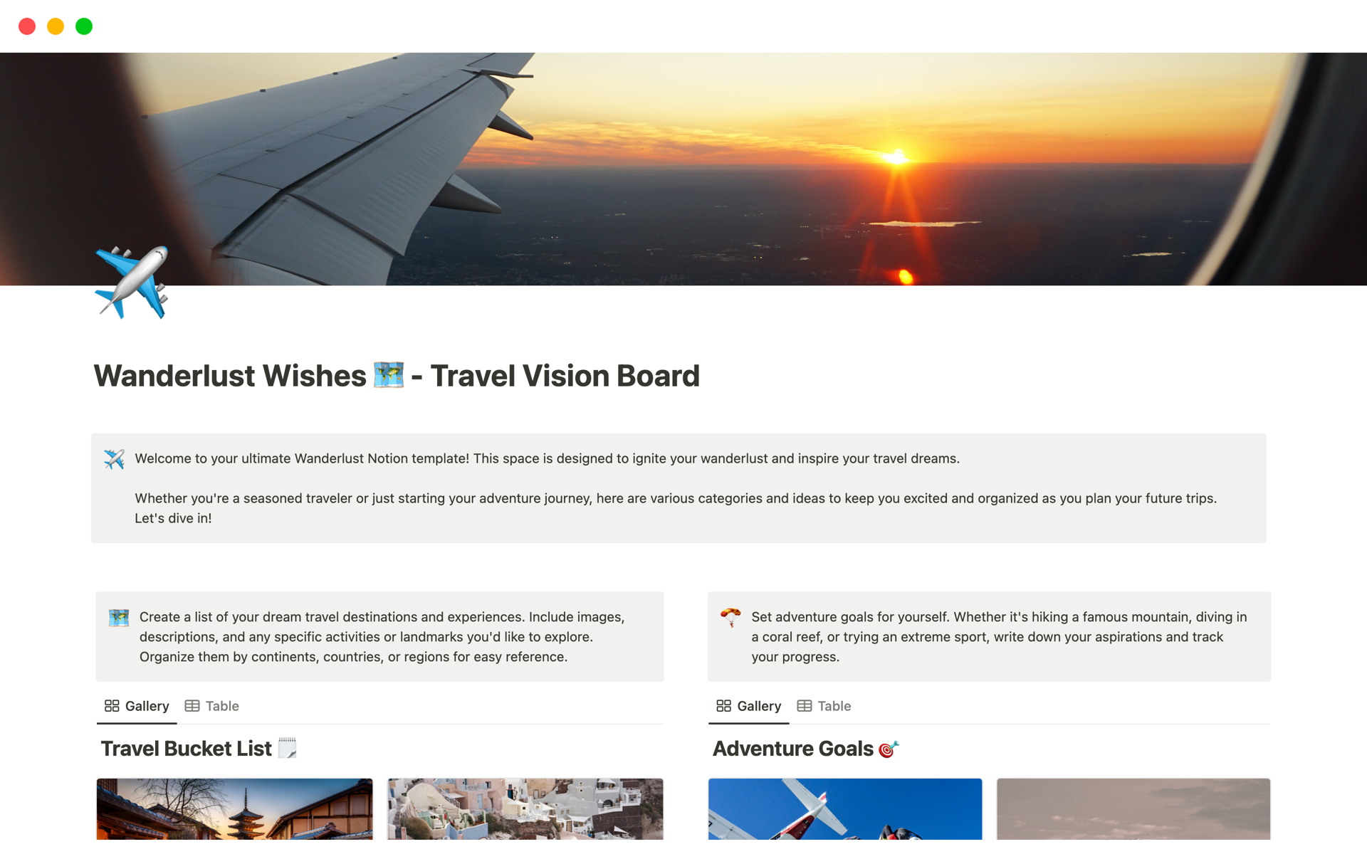 Fuel your wanderlust with Wanderlust 🗺️ - Travel Vision Board, featuring 4 databases for your travel bucket list, adventure goals, road trip ideas, and must-have travel essentials 🌍